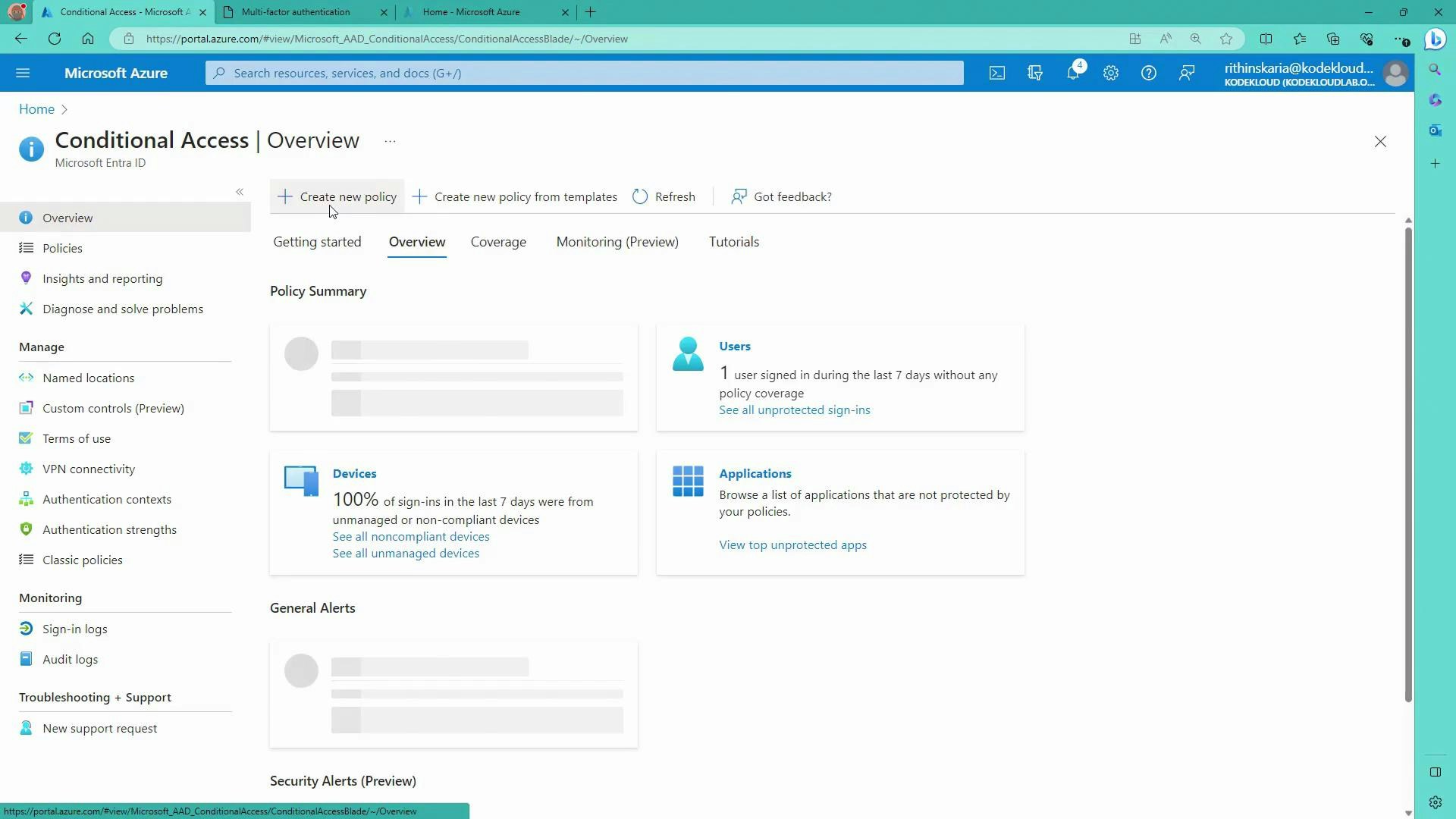 A screenshot of the Microsoft Azure portal showing the "Conditional Access | Overview" page with navigation on the left and policy summary tiles (Users, Devices, Applications) in the main area. The top bar shows account and browser UI elements.