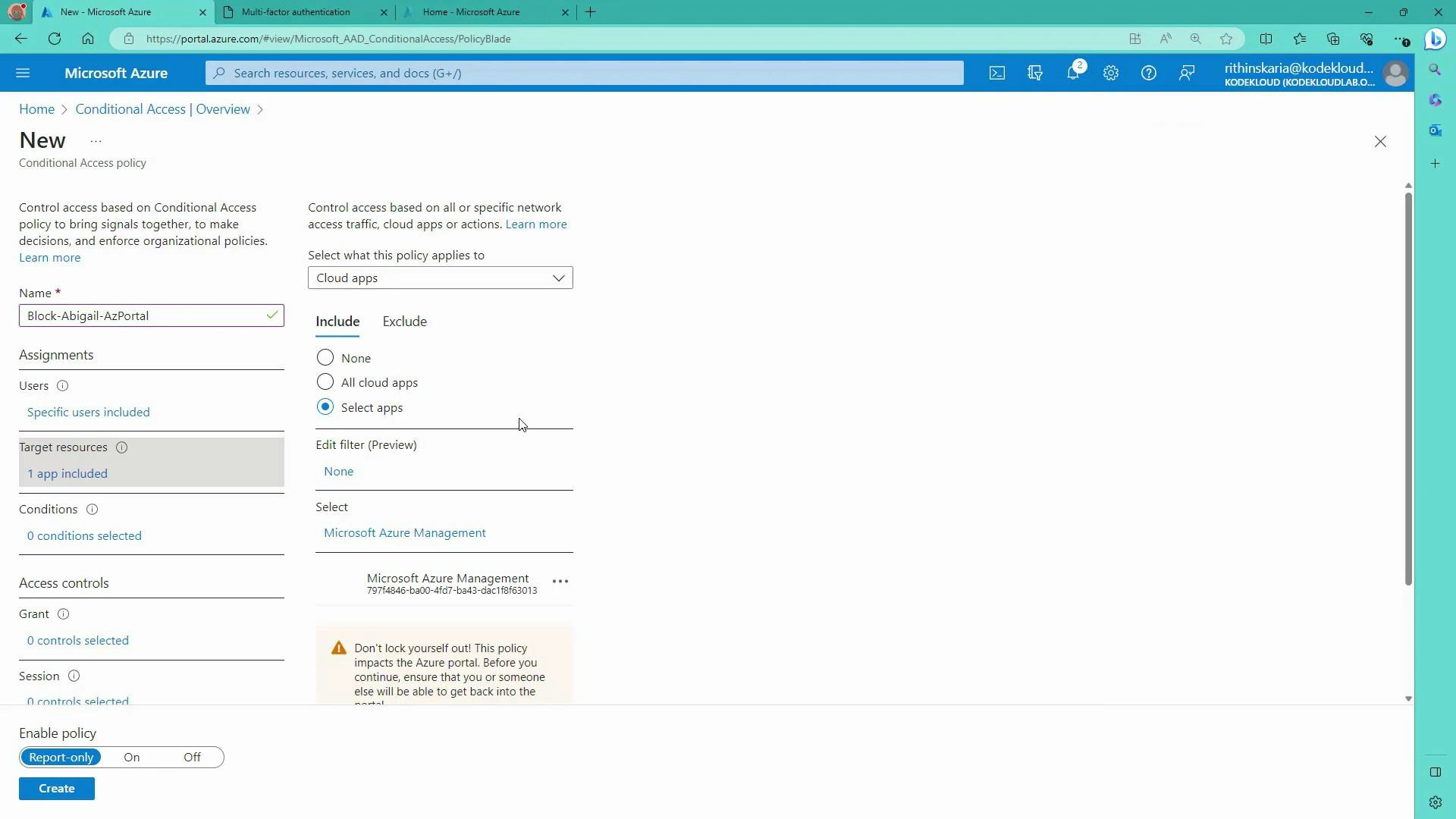 A screenshot of the Microsoft Azure portal showing the "New" Conditional Access policy page. The policy named "Block-Abigail-AzPortal" displays assignments, target resources and cloud app selection, plus enable-policy options and a Create button.