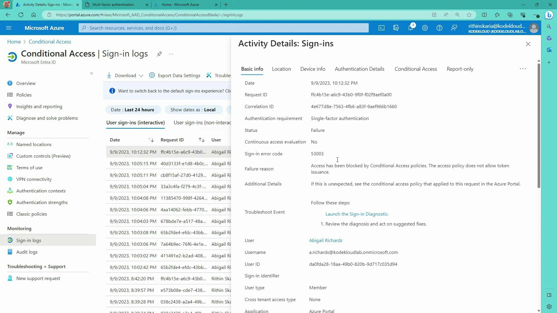 A screenshot of the Microsoft Azure portal showing Conditional Access sign-in logs. The Activity Details pane on the right reports a failed sign-in with an error code and troubleshooting information.