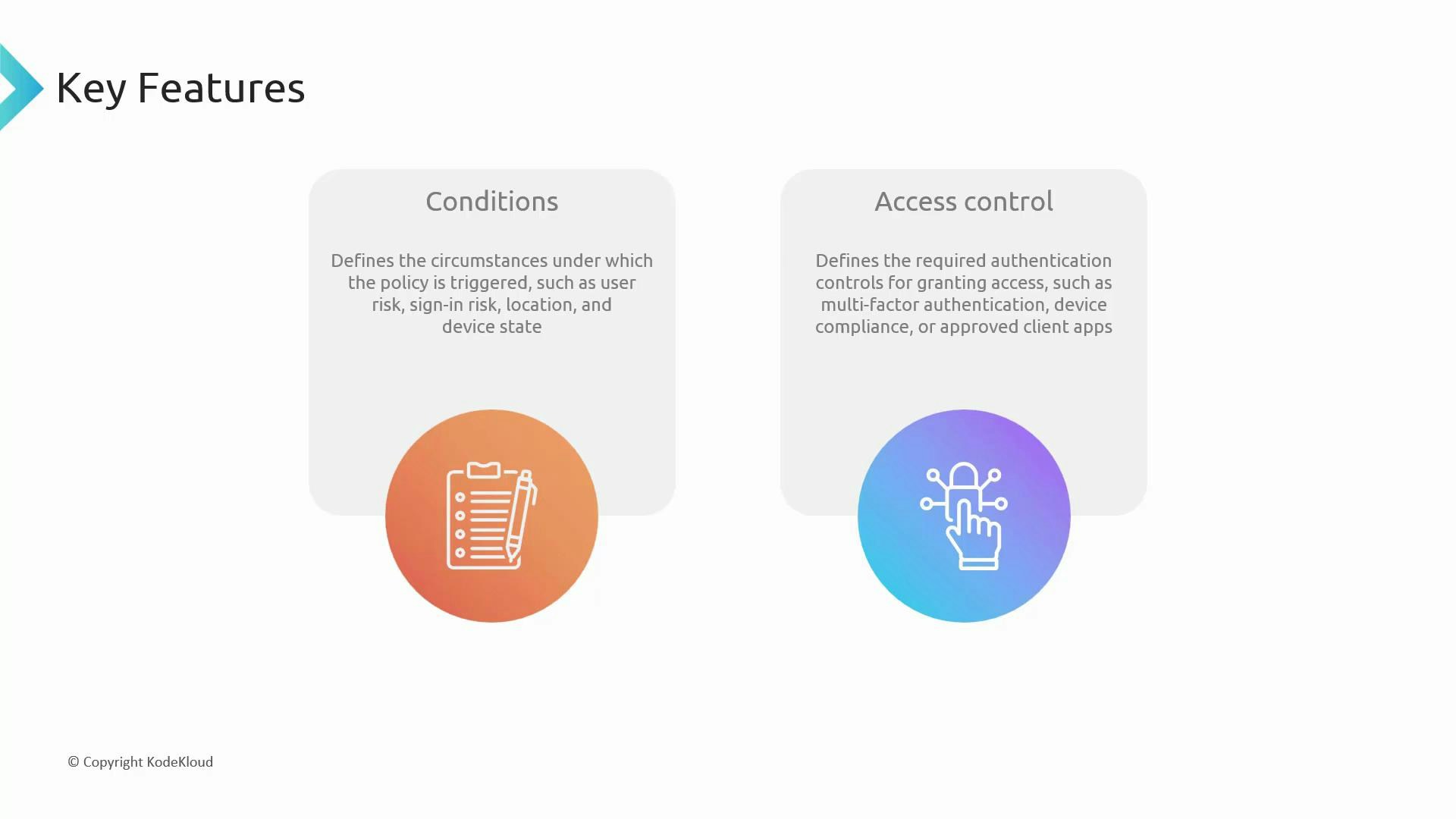 A slide titled "Key Features" with two panels labeled "Conditions" and "Access control," each containing a short explanatory blurb. Below the panels are colored circular icons: an orange clipboard-and-pen icon for Conditions and a blue lock/finger-touch icon for Access control.