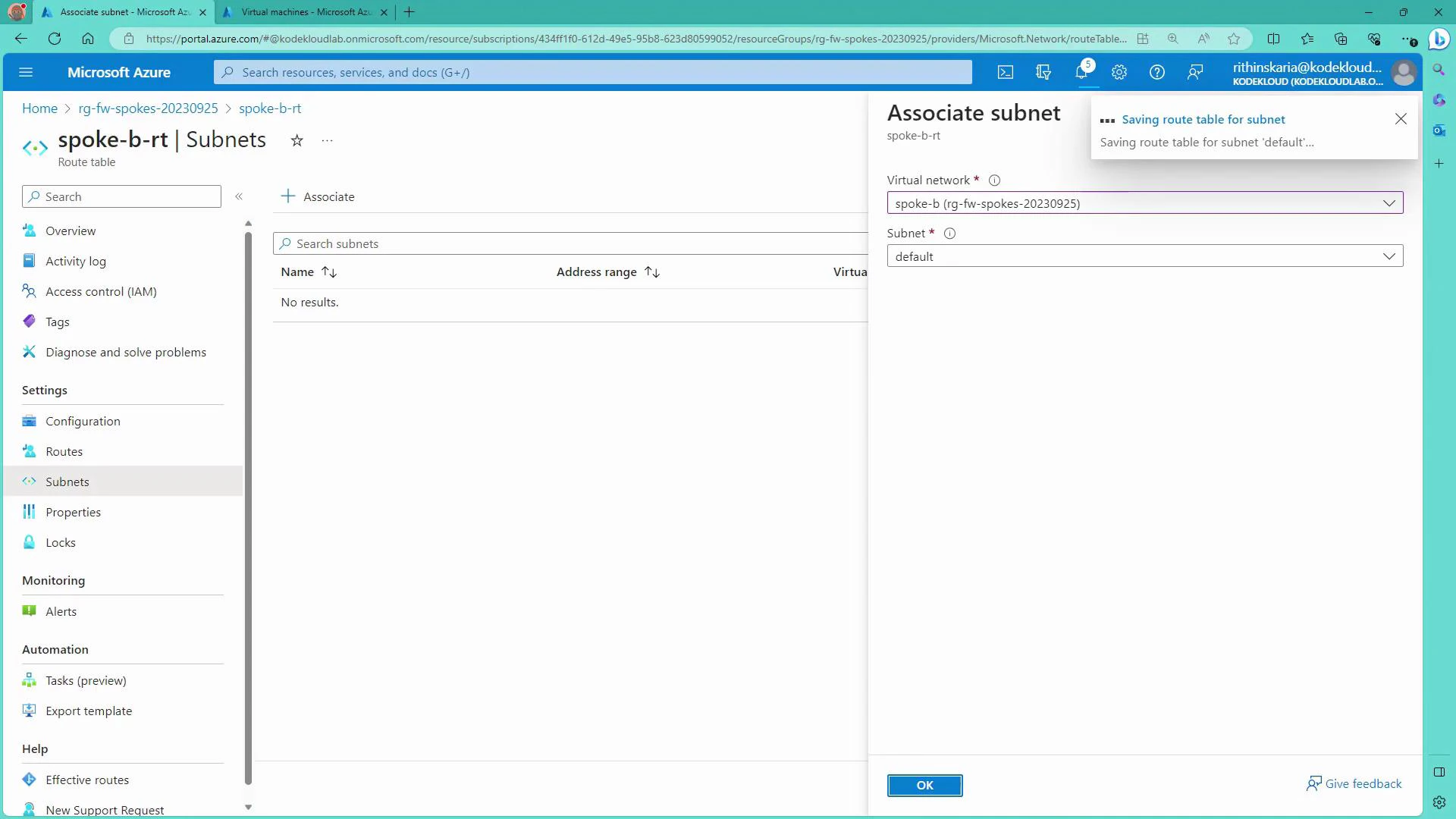 A screenshot of the Microsoft Azure portal showing the "spoke-b-rt | Subnets" route table page with an open "Associate subnet" pane on the right, where a virtual network ("spoke-b") and subnet ("default") are selected. The main pane shows no subnets listed and the left menu displays Azure resource options.
