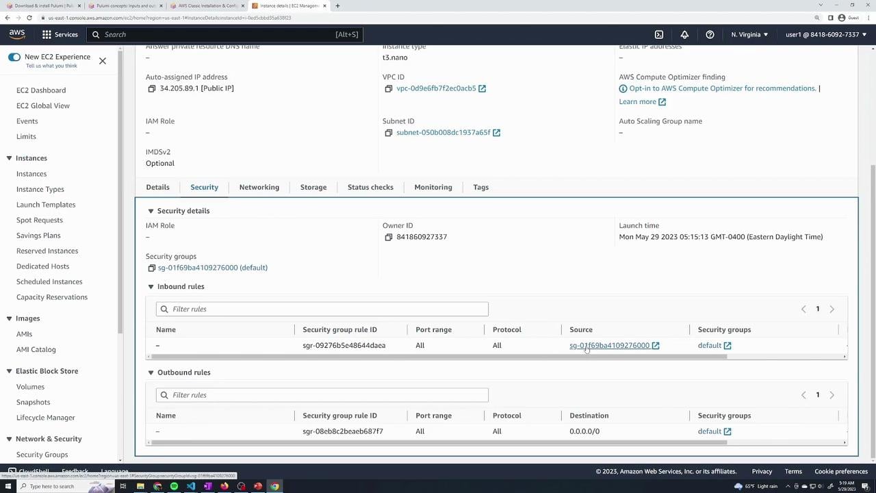 A screenshot of the AWS EC2 console displaying an instance's Details and Security sections, including public IP, VPC/subnet, launch time, and security group inbound/outbound rules. The left sidebar shows EC2 navigation options like Instances, Images, and Elastic Block Store.