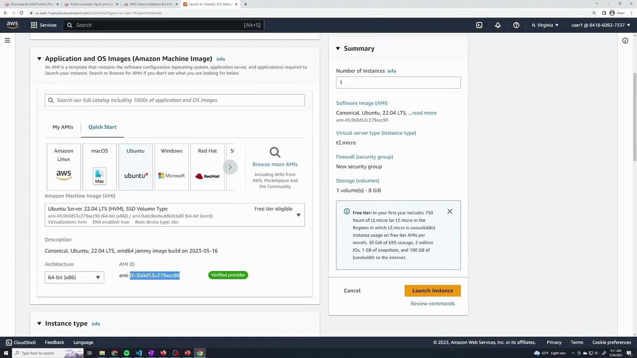 A screenshot of the AWS EC2 "Launch Instance" console showing the Amazon Machine Image selection (Ubuntu Server 22.04 LTS) on the left and a summary panel on the right with the instance type (t2.micro), storage details, and a "Launch instance" button.