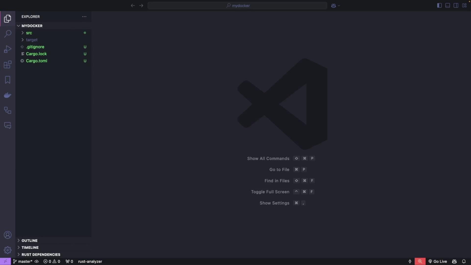 A dark-themed Visual Studio Code window showing the Explorer pane with a Rust project named "MYDOCKER" (files like Cargo.toml, src, .gitignore) on the left. The main area displays a large VS Code logo and keyboard shortcut hints (Show All Commands, Go to File, Find in Files, etc.).