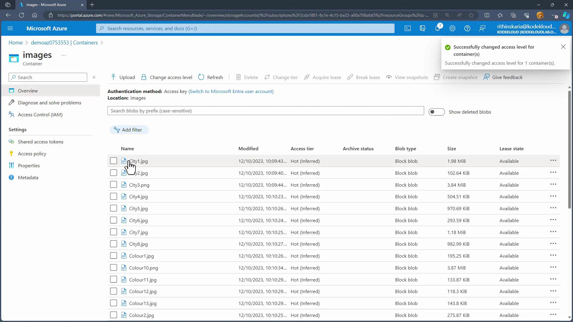 A screenshot of the Microsoft Azure portal showing a storage container named "images" with a list of image blobs (City1.jpg, City2.jpg, Colour1.jpg, etc.), sizes, access tiers and other metadata. A notification toast at the top-right says the access level for the container was successfully changed.