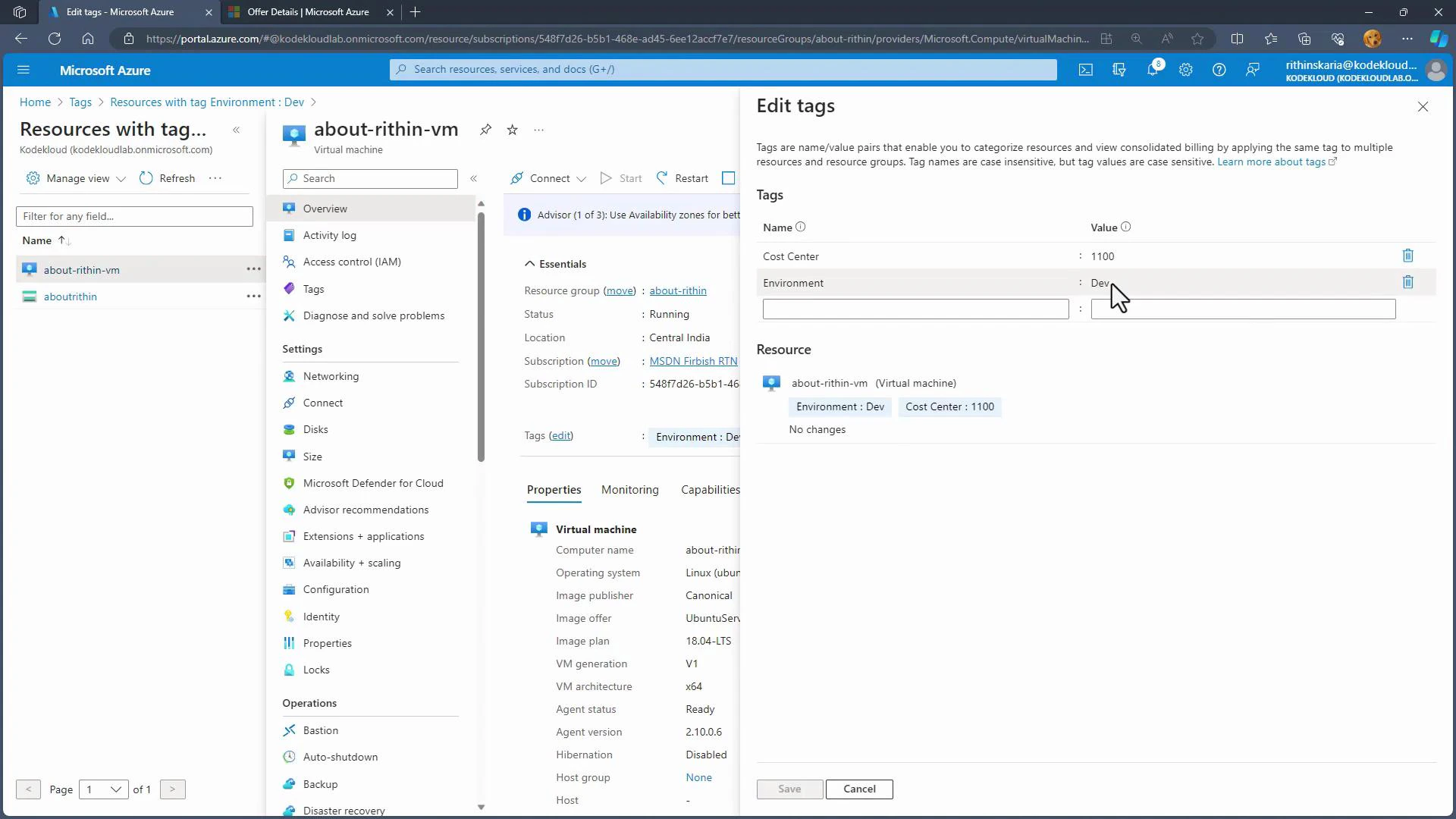 A screenshot of the Microsoft Azure portal showing the overview for a virtual machine named "about-rithin-vm" with the Edit tags pane open. The tags shown include "Cost Center: 1100" and "Environment: Dev."