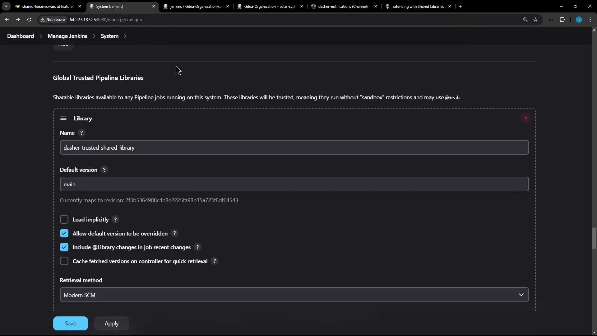 A dark-themed Jenkins "Manage Jenkins → System" page showing the Global Trusted Pipeline Libraries configuration for a library named "dasher-trusted-shared-library" with default version set to "main." The form shows various options (checkboxes), retrieval method set to "Modern SCM," and Save/Apply buttons.