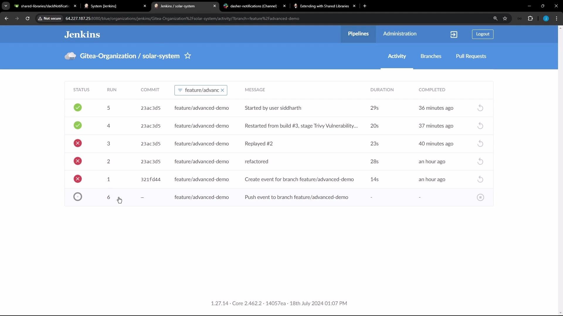 A screenshot of the Jenkins web interface showing the "Gitea-Organization / solar-system" pipeline activity. It lists recent builds for the feature/advanced-demo branch with run numbers, commit IDs, messages, durations and status icons (success, failure, running).