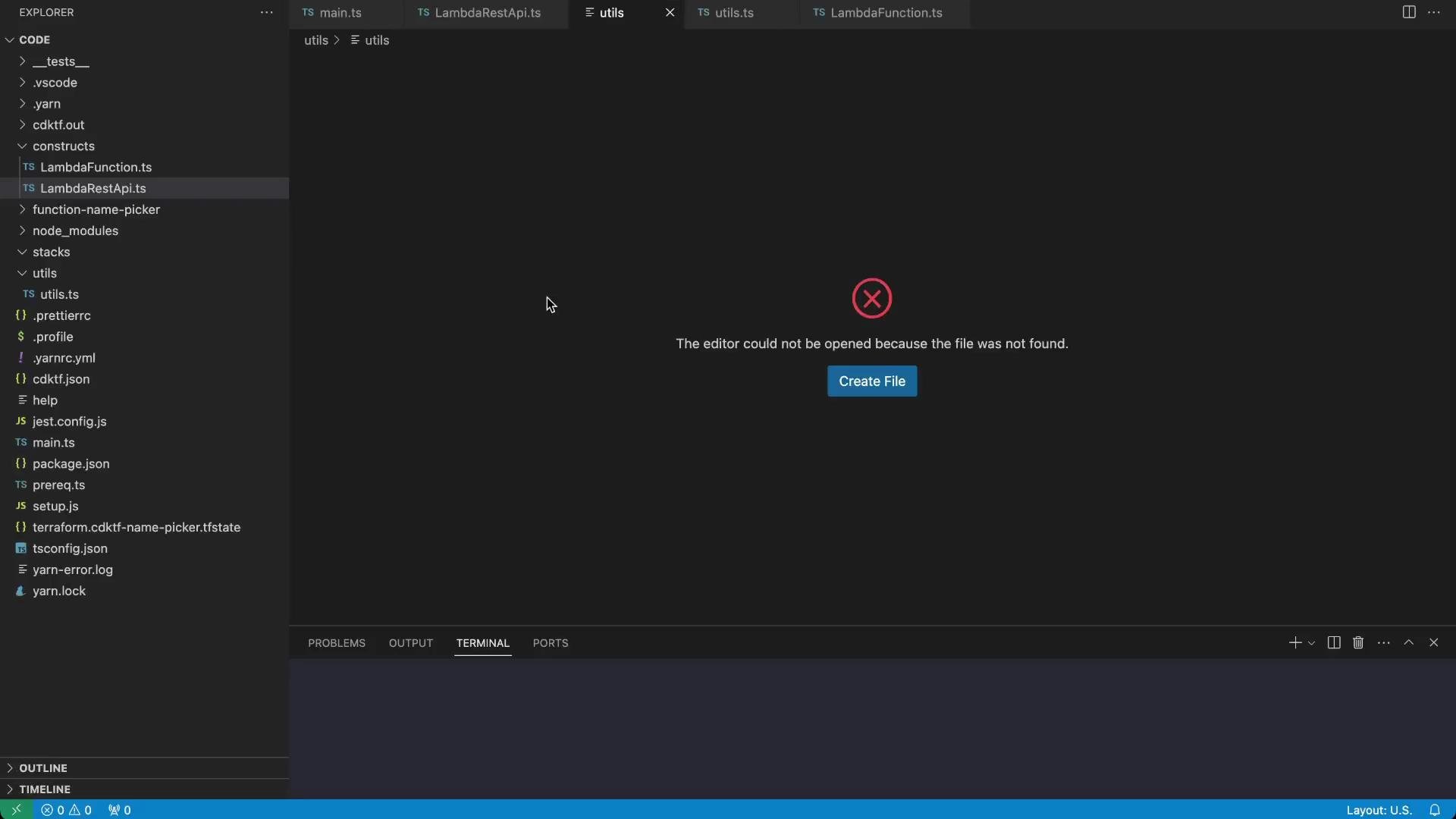 A Visual Studio Code window with a project file explorer on the left and a large editor area showing an error: "The editor could not be opened because the file was not found." A red X icon and a "Create File" button are visible in the center.
