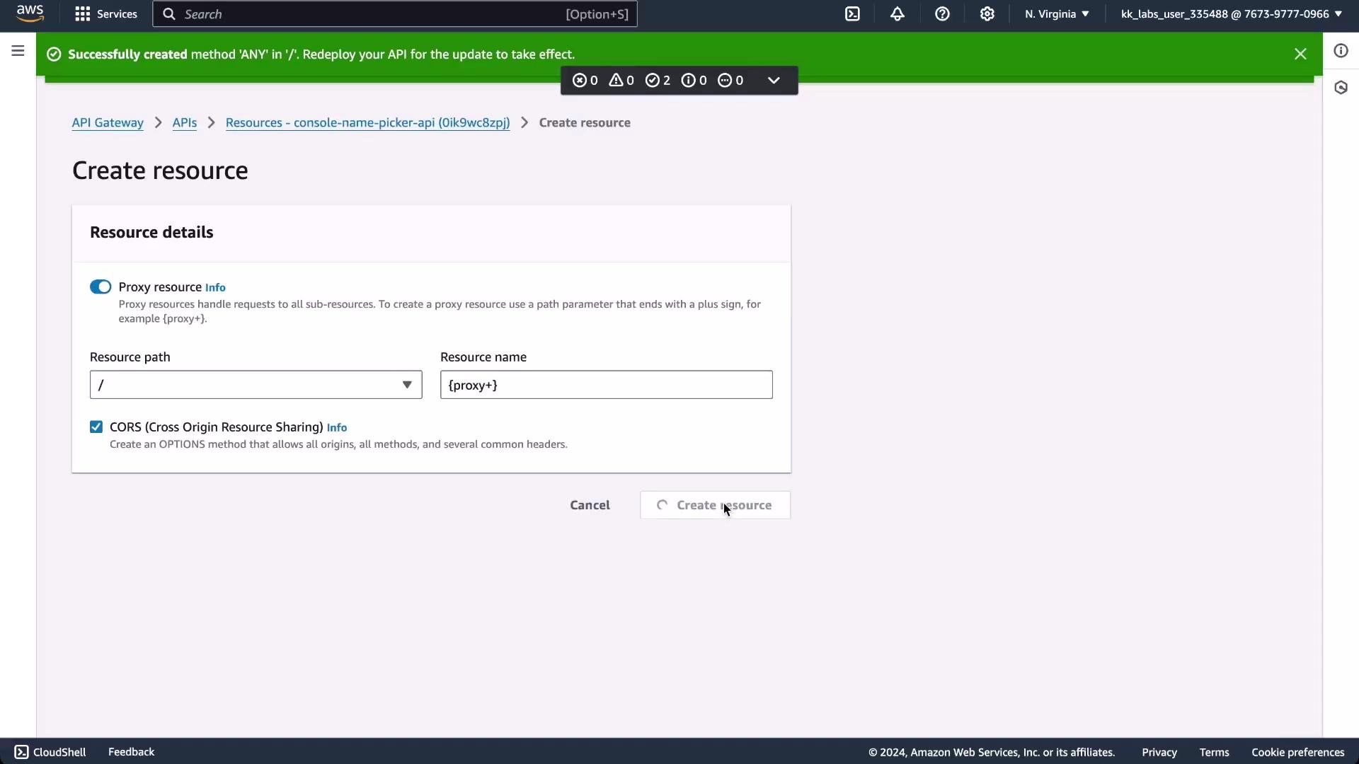 A screenshot of the AWS API Gateway console showing the "Create resource" page with a proxy resource enabled (resource path "/", name "{proxy+}") and CORS checked. A green banner at the top confirms a method was successfully created.