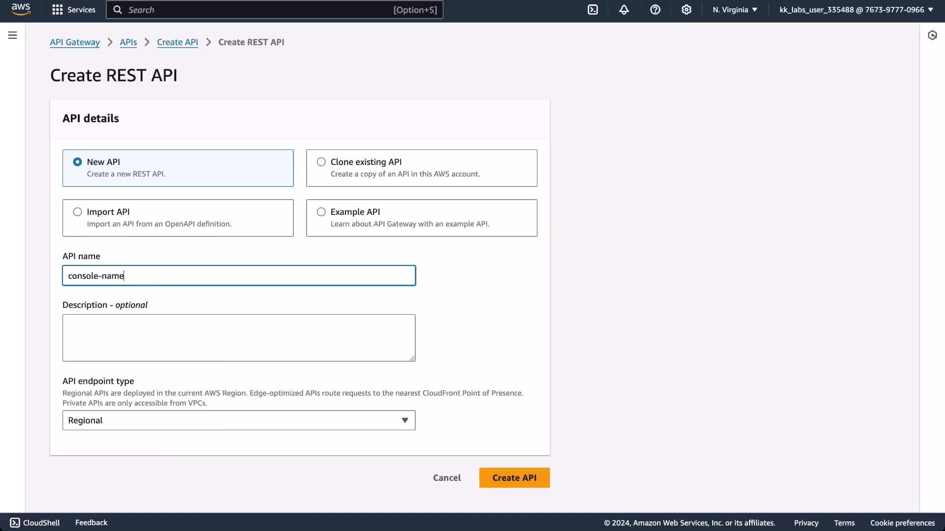 Screenshot of the AWS API Gateway "Create REST API" console showing the API details form. The "New API" option is selected, the API name field contains "console-name", and a "Create API" button is visible.
