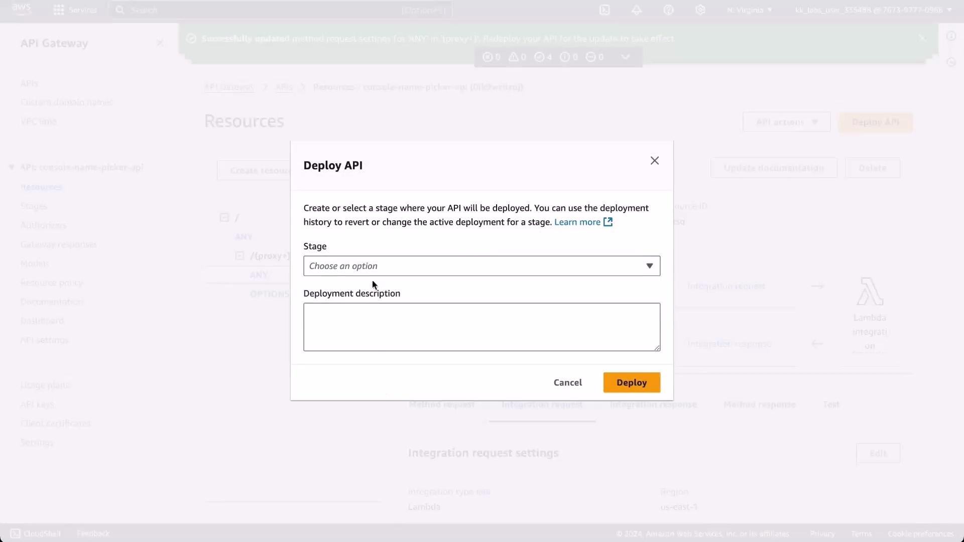 A screenshot of the AWS API Gateway console showing a "Deploy API" dialog. The modal contains a Stage dropdown, a Deployment description text box, and Cancel and Deploy buttons.