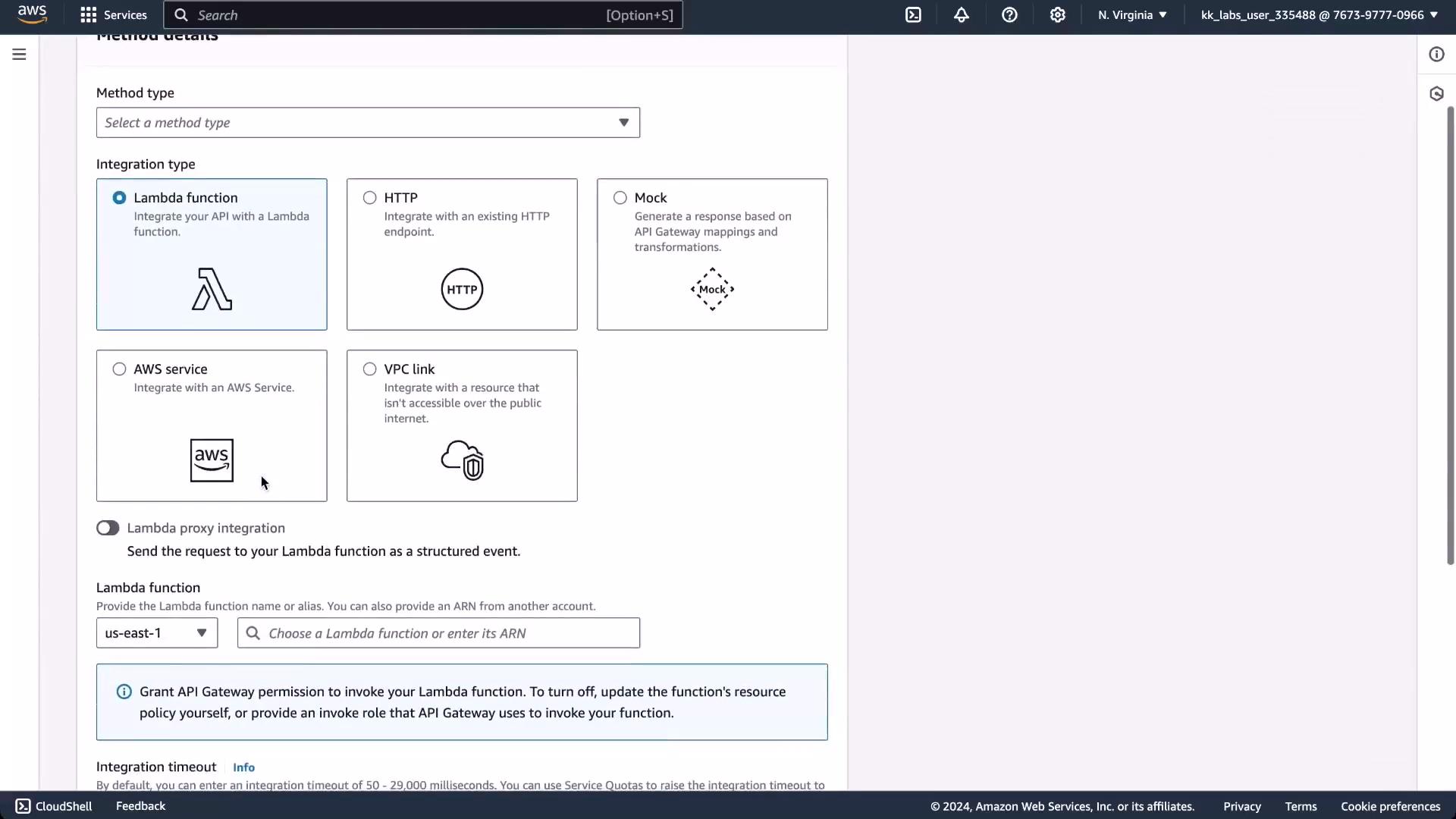 A screenshot of the AWS API Gateway "Method details" integration type panel showing options like Lambda function (selected), HTTP, Mock, AWS service, and VPC link. The lower area shows the Lambda proxy toggle and a dropdown to choose a Lambda function/region.