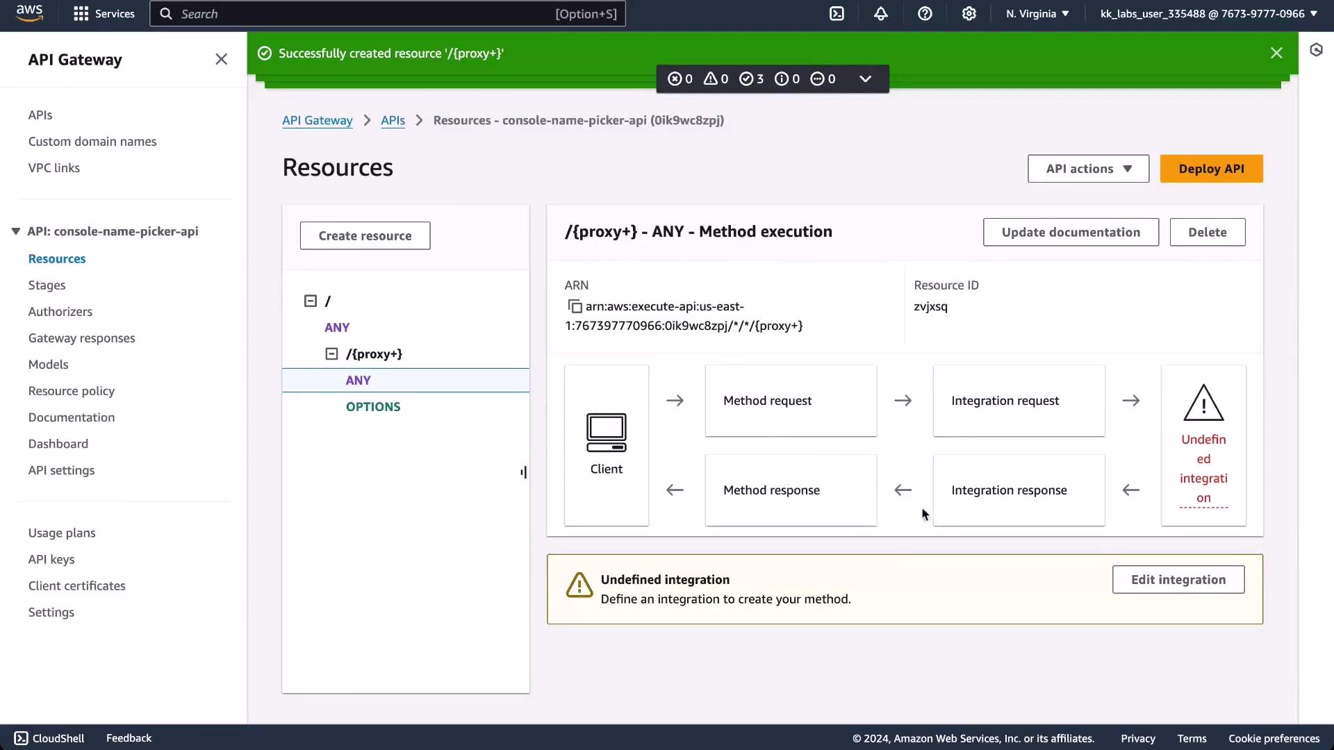 A screenshot of the AWS API Gateway console showing the Resources page for an API with the /{proxy+} ANY method selected, displaying the method → integration flow and an "Undefined integration" warning. The left sidebar shows API navigation items and a green success banner appears at the top.