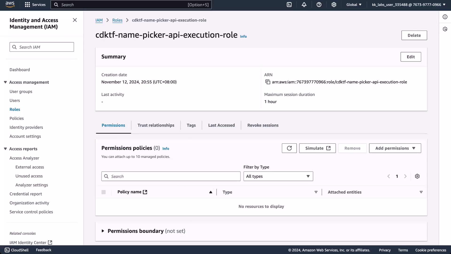 A screenshot of the AWS Identity and Access Management (IAM) console showing the role "cdktf-name-picker-api-execution-role." The page displays the role summary (creation date, ARN, max session duration) and the Permissions tab with no attached policies.