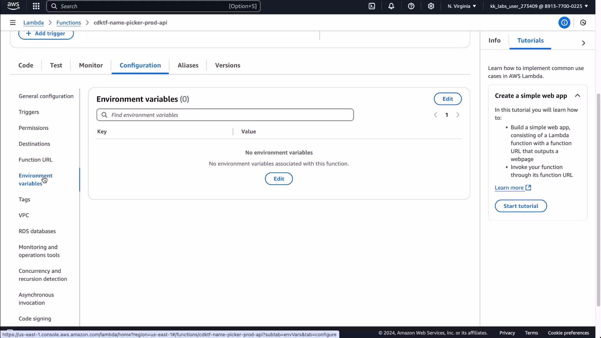 Screenshot of the AWS Lambda console on a function's Configuration > Environment variables tab, showing "No environment variables" with an Edit button. The left navigation menu and a tutorial panel are also visible.
