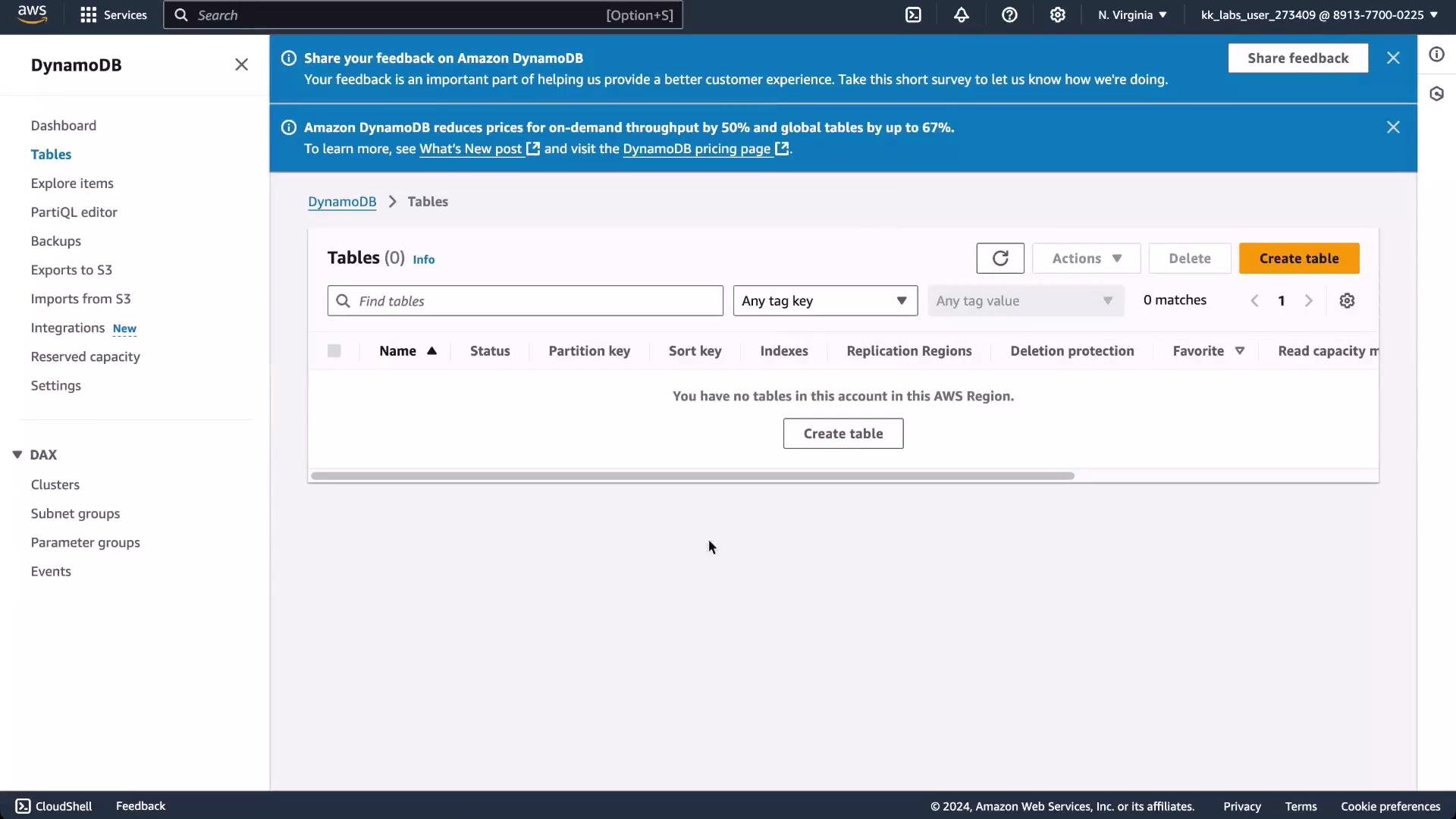 A screenshot of the AWS DynamoDB console showing the Tables page with no tables in this region and a prominent "Create table" button. The left sidebar lists DynamoDB navigation items like Dashboard, Explore items, Backups, and Settings.