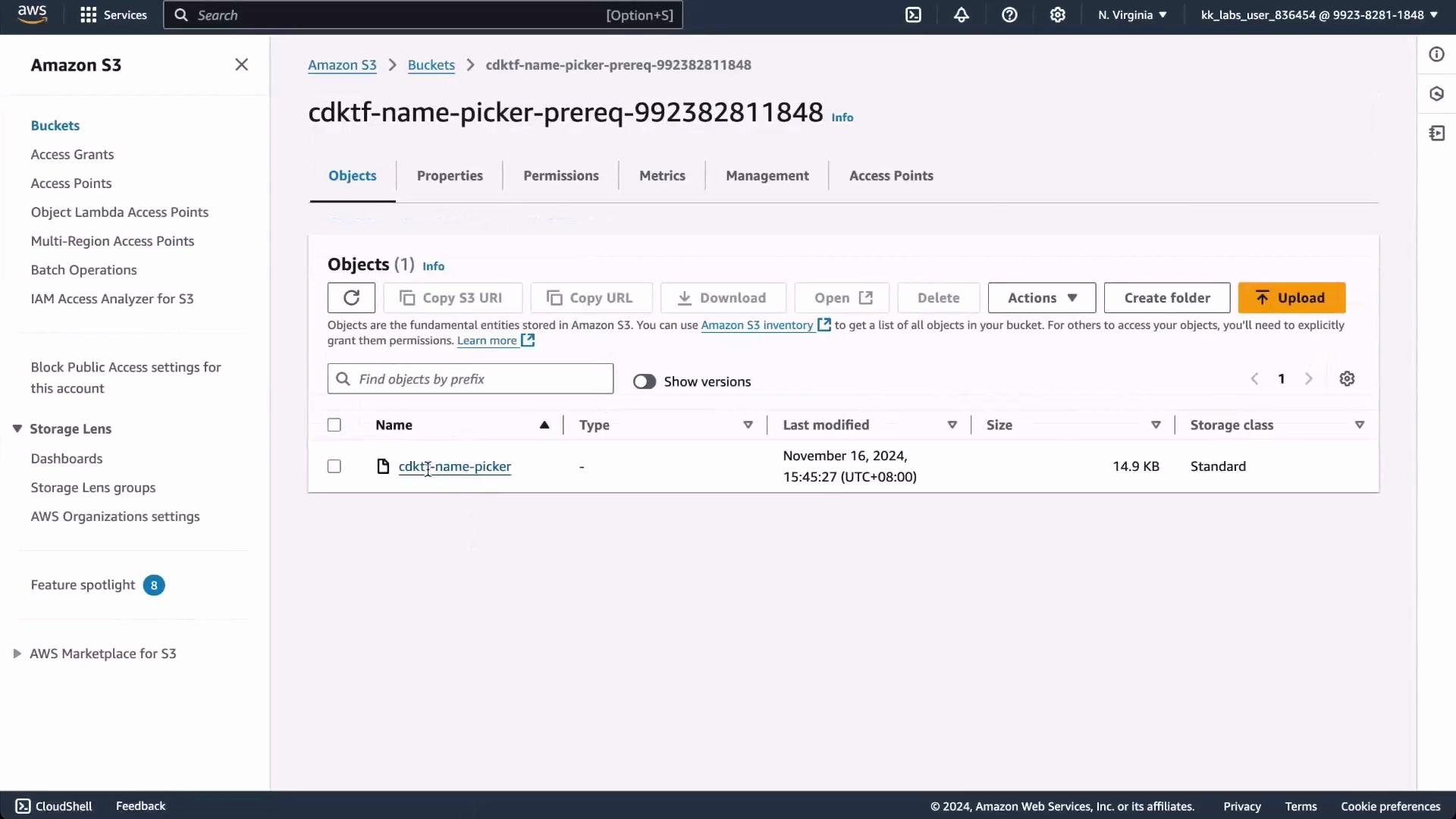 A screenshot of the Amazon S3 console showing the bucket "cdktf-name-picker-prereq-992382811848" with one object listed. The interface shows actions like Upload, Create folder, Copy URL, and object details (last modified, size, storage class).