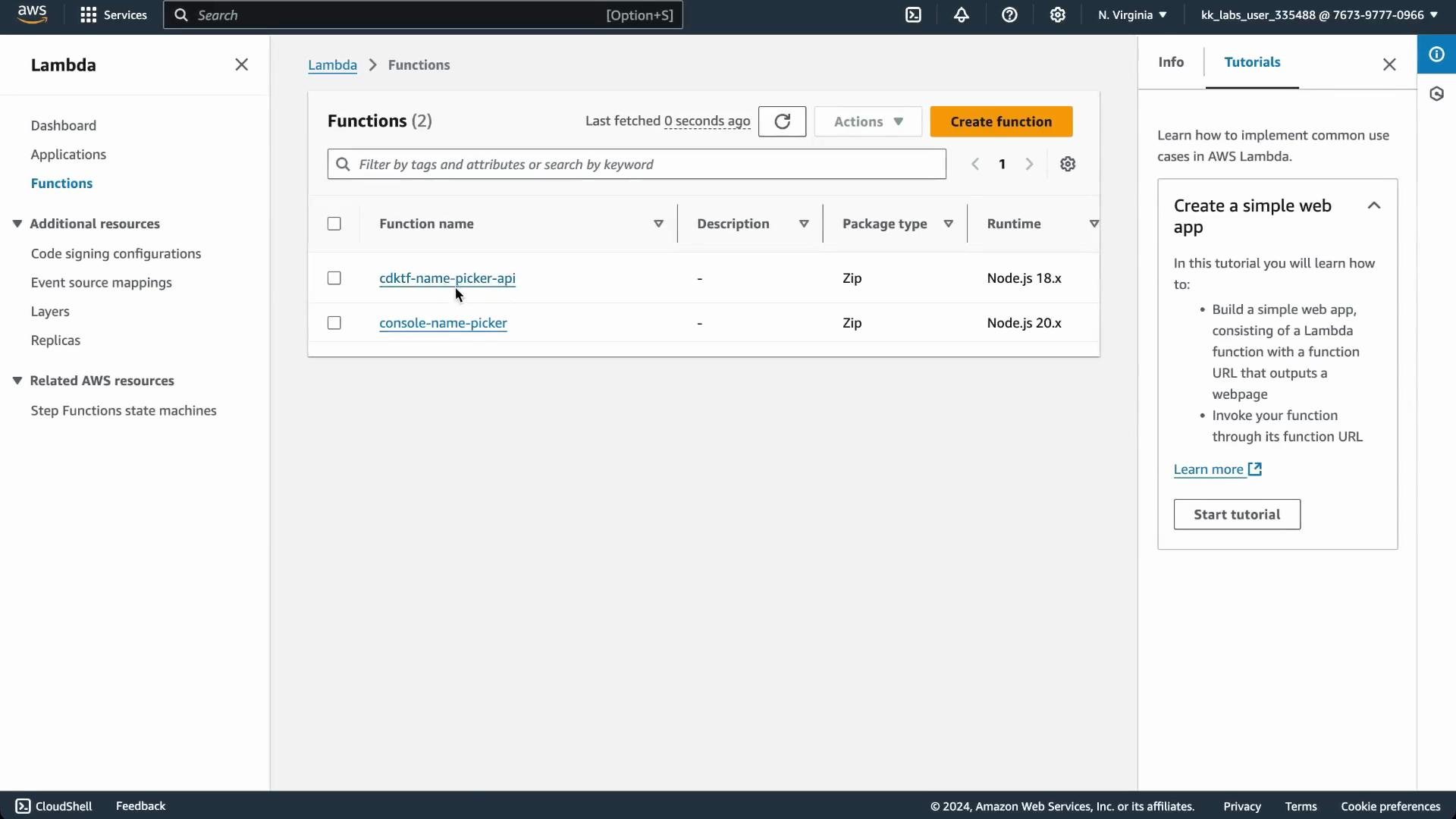 A screenshot of the AWS Lambda console showing a Functions list with two Lambda functions named "cdktf-name-picker-api" and "console-name-picker" and a tutorial panel on the right. Both functions are packaged as Zip and use Node.js runtimes.