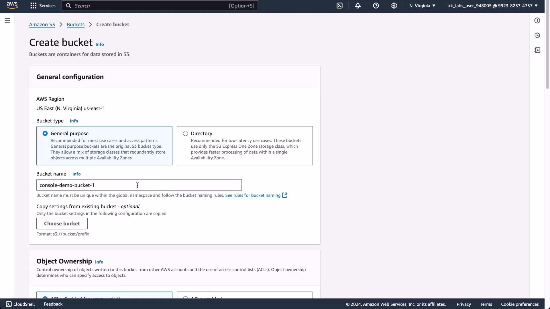 A screenshot of the AWS S3 console showing the "Create bucket" page with general configuration options (AWS region, bucket type, and a bucket name field). The page also shows sections for copying settings from an existing bucket and object ownership.