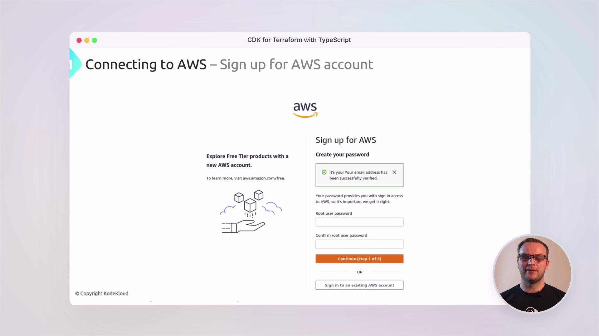 A slide-like screenshot showing the AWS "Sign up for AWS" page with the header "Connecting to AWS," the AWS logo, and a password/signup form. A small circular webcam video of a person appears in the bottom-right corner.