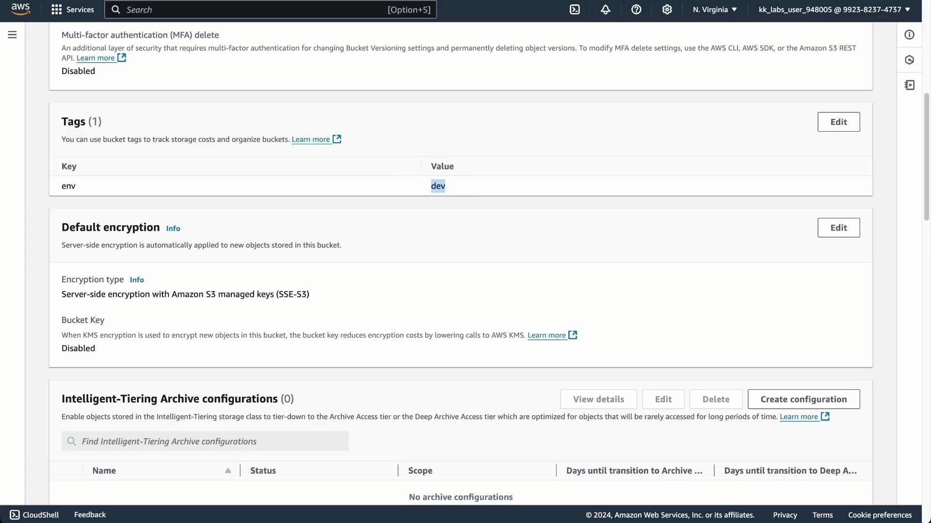 Screenshot of an AWS S3 bucket settings page. It shows a tag "env: dev", default server-side encryption using Amazon S3 managed keys (SSE‑S3), and MFA delete disabled.