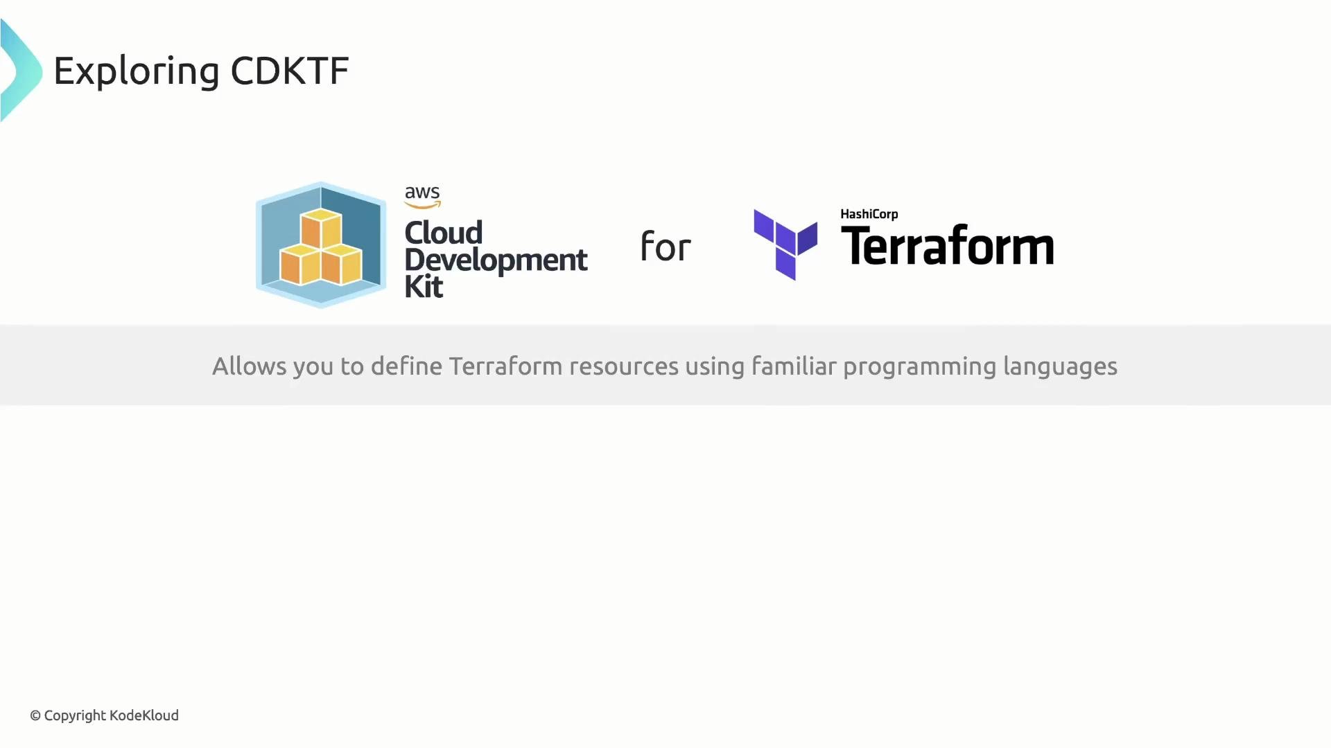 A presentation slide titled "Exploring CDKTF" showing the AWS Cloud Development Kit logo paired with the HashiCorp Terraform logo and the caption: "Allows you to define Terraform resources using familiar programming languages."