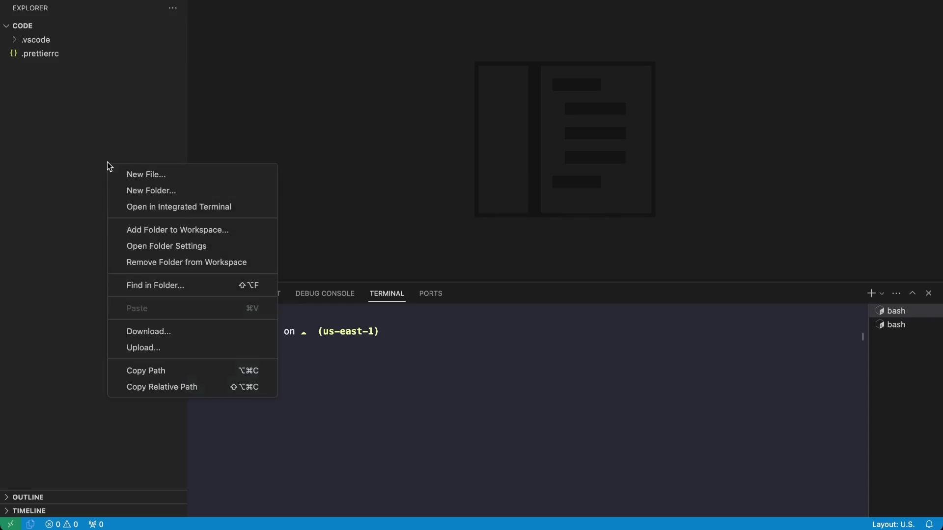A dark-themed Visual Studio Code window with the Explorer sidebar on the left, a right-click context menu open, and the integrated terminal visible along the bottom. The editor area is mostly empty with a large faint icon in the center.