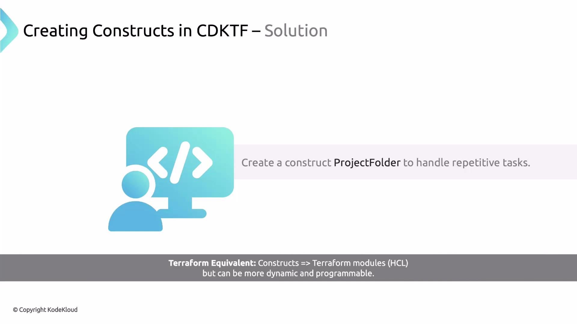 A slide titled "Creating Constructs in CDKTF – Solution" showing a stylized person and monitor with code, and the instruction "Create a construct ProjectFolder to handle repetitive tasks." A footer notes the Terraform equivalent: constructs → Terraform modules (HCL).