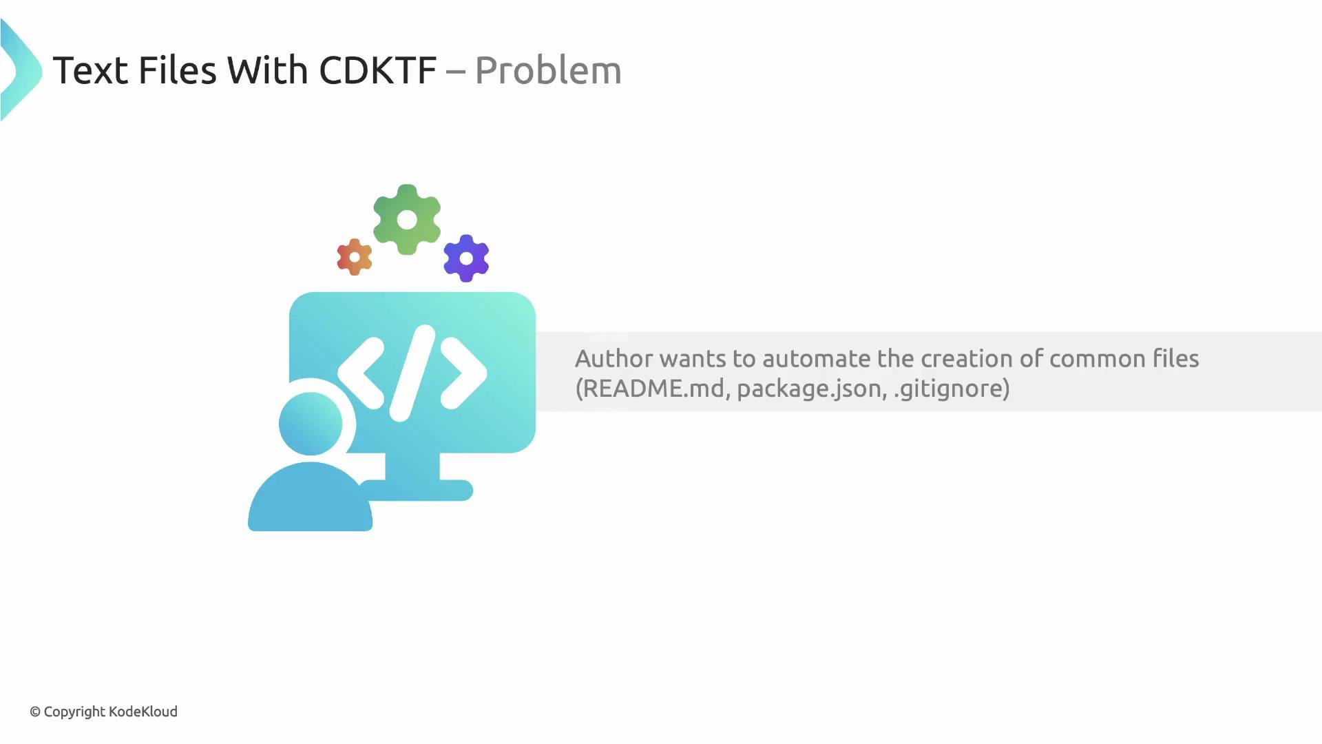 A presentation slide titled "Text Files With CDKTF – Problem" showing an icon of a person at a computer with gears above it. The slide notes the author wants to automate creation of common files (README.md, package.json, .gitignore).