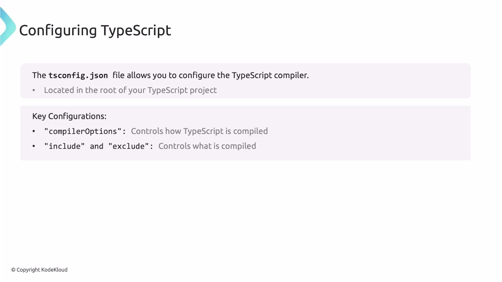 A presentation slide titled “Configuring TypeScript” explaining that the tsconfig.json file configures the TypeScript compiler. It lists key settings like "compilerOptions" and the "include" / "exclude" options.