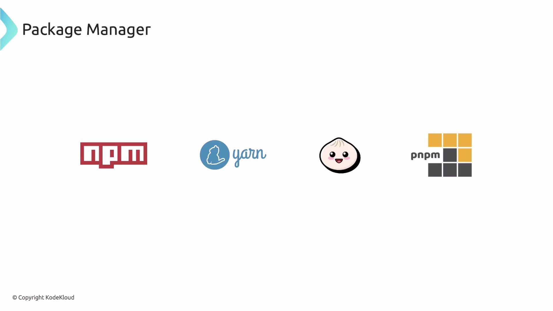 A slide titled "Package Manager" displaying four package manager logos in a row. From left to right: npm, Yarn, a cute dumpling/bao mascot, and the pnpm grid logo.