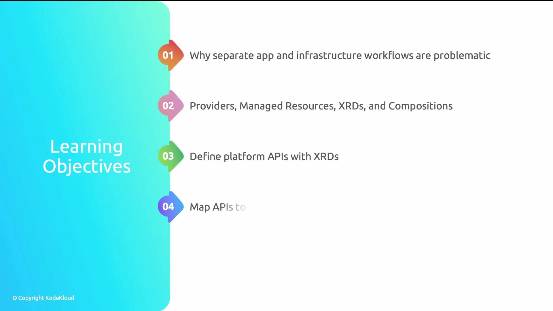The image lists four learning objectives related to app and infrastructure workflows, providers, XRDs, platform APIs, and mapping APIs, with a colorful numbered design.