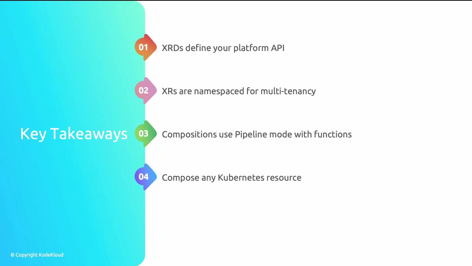 The image lists four key takeaways related to platform API, multi-tenancy, pipeline compositions, and Kubernetes resources, highlighted with numbered colored markers.