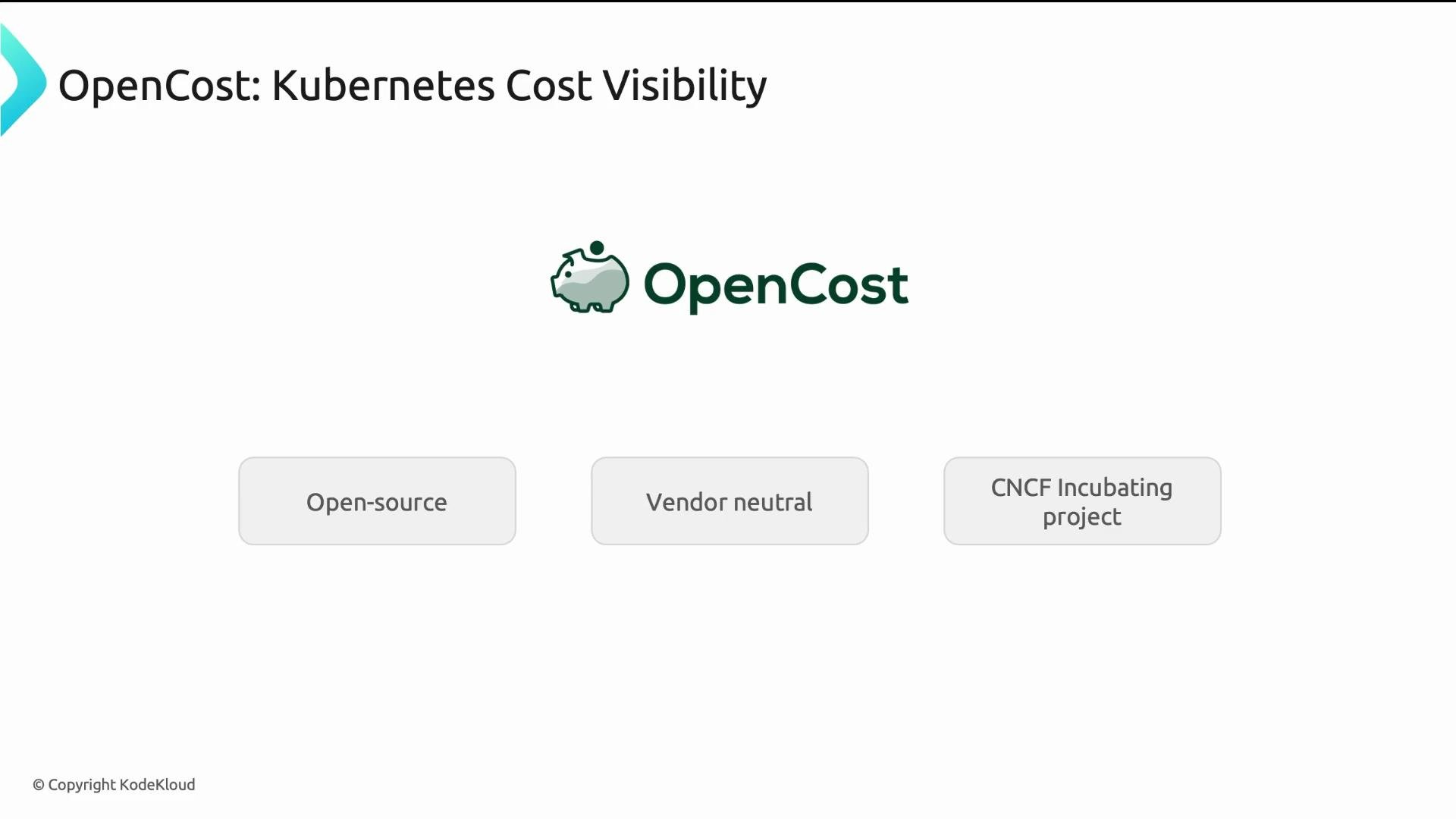 The image is a slide titled "OpenCost: Kubernetes Cost Visibility," highlighting OpenCost as an open-source, vendor-neutral, CNCF incubating project.