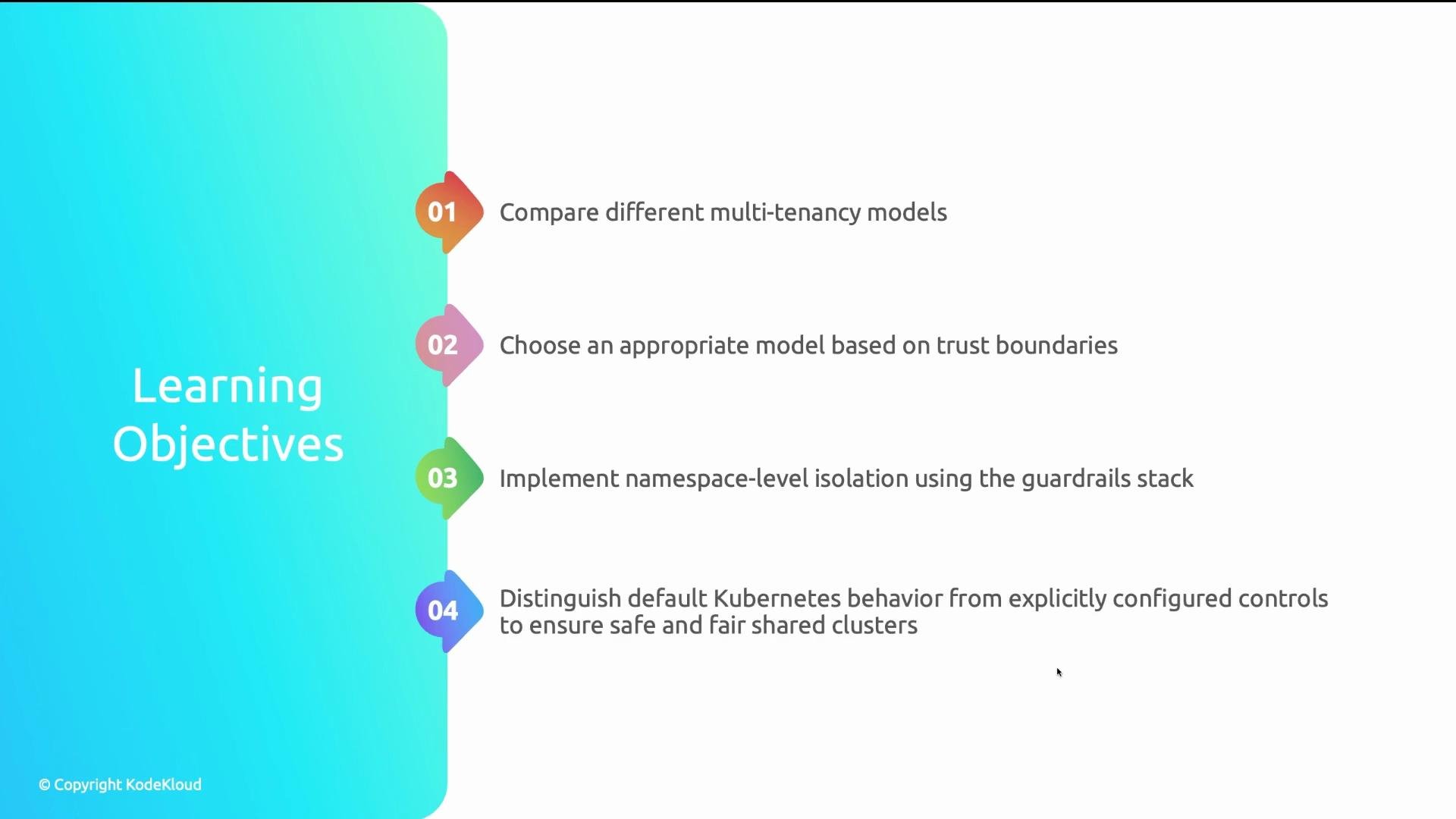 The image lists learning objectives related to multi-tenancy models, trust boundaries, namespace-level isolation, and Kubernetes behavior, organized in a colorful, vertical numbered format.