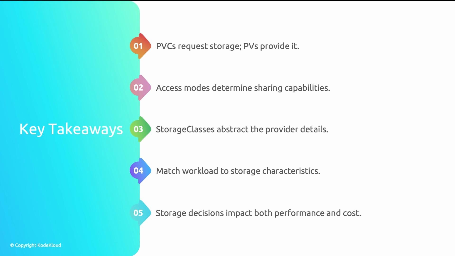 The image presents a list of five key takeaways about storage in Kubernetes, including topics like PVCs, access modes, StorageClasses, workload matching, and storage decisions.
