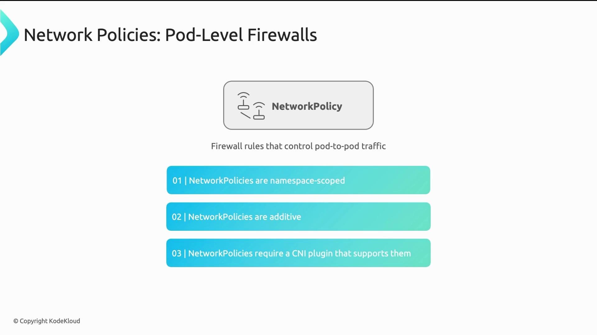 The image explains pod-level firewalls through network policies that control pod-to-pod traffic, highlighting that they are namespace-scoped, additive, and require a compatible CNI plugin.