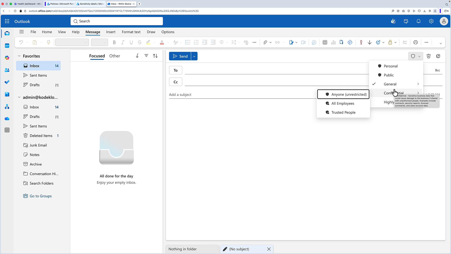 A screenshot of the Outlook web interface showing the left-hand mailbox list and an open new-message compose pane. A sensitivity/classification dropdown is open with options like Personal, Public, General and recipient choices such as Anyone (unrestricted) and All Employees.