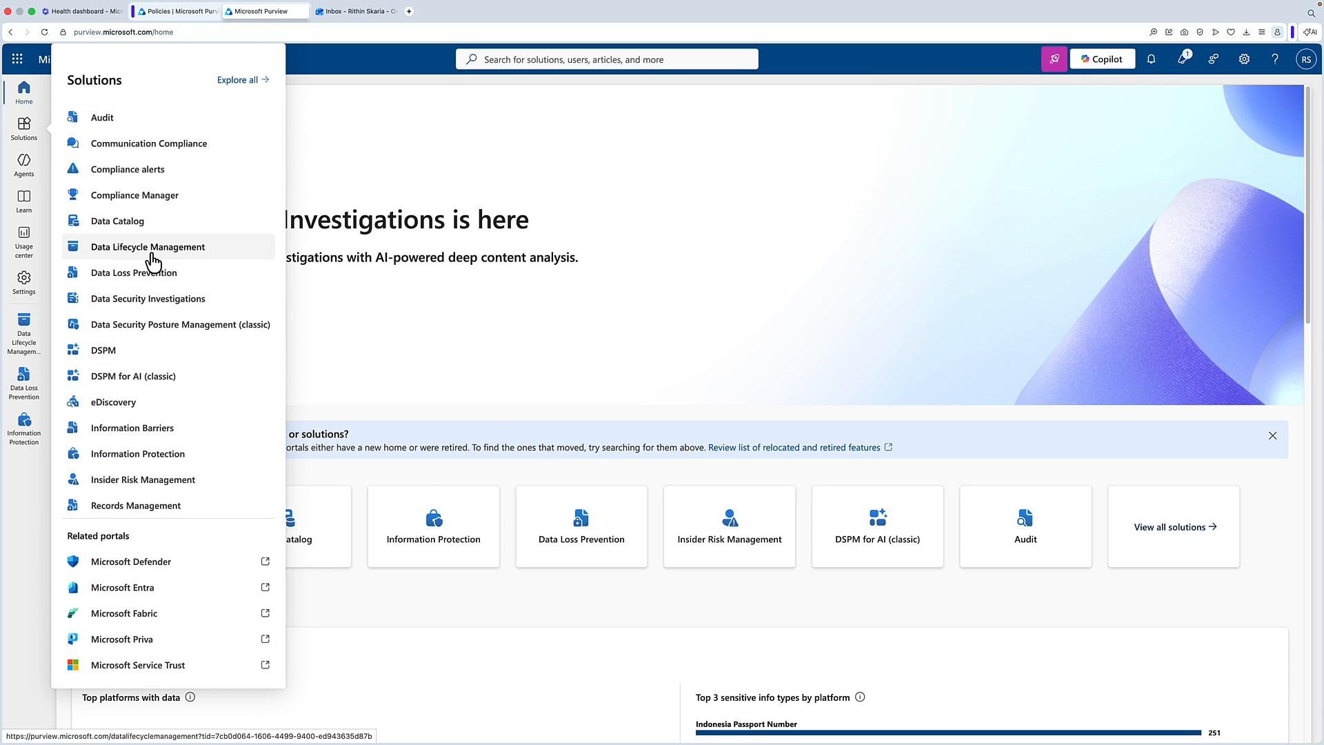 A screenshot of the Microsoft Purview/Compliance dashboard with the Solutions menu expanded, showing items like Data Lifecycle Management, Data Loss Prevention, Information Protection, and more. The main pane displays a banner reading "Investigations is here" and tiles for various compliance tools.