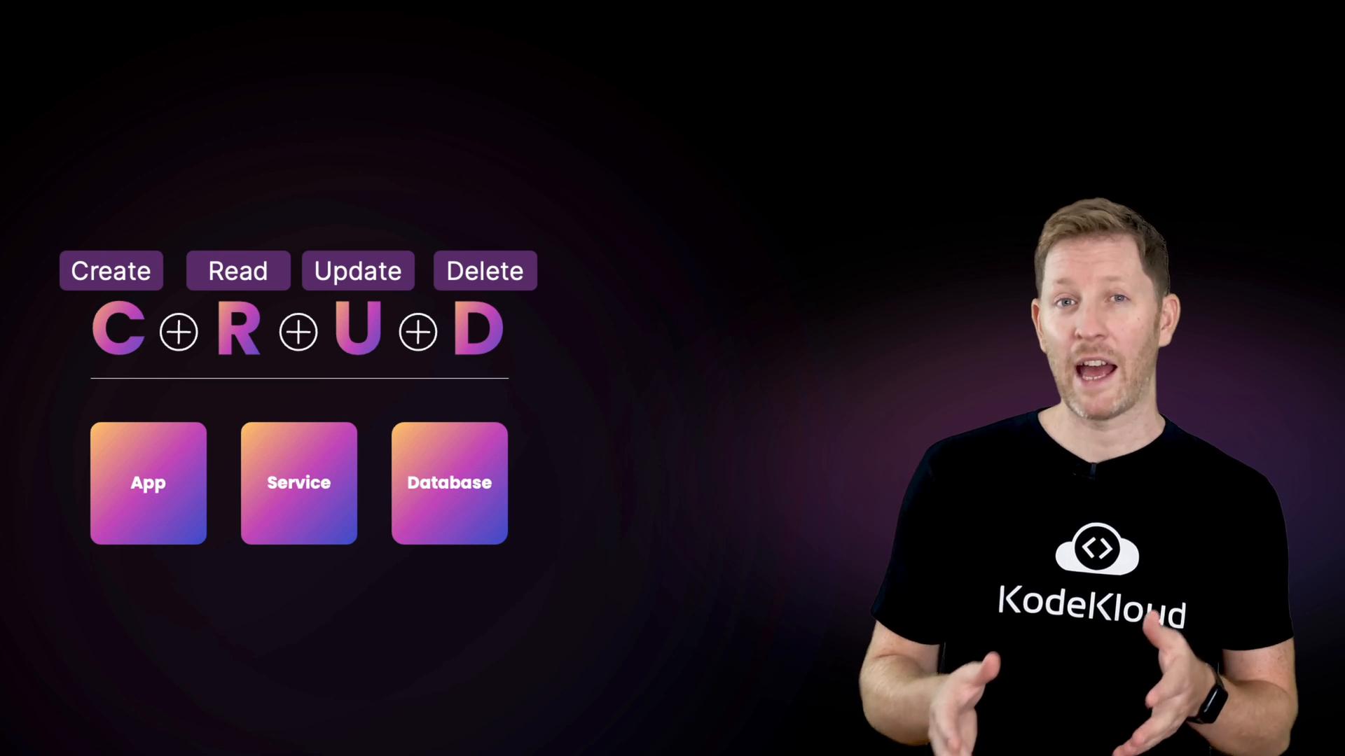A presenter stands on the right wearing a black KodeKloud t‑shirt and speaking toward the camera. On the left is a colorful CRUD graphic with the words Create, Read, Update, Delete and three gradient boxes labeled App, Service, and Database.