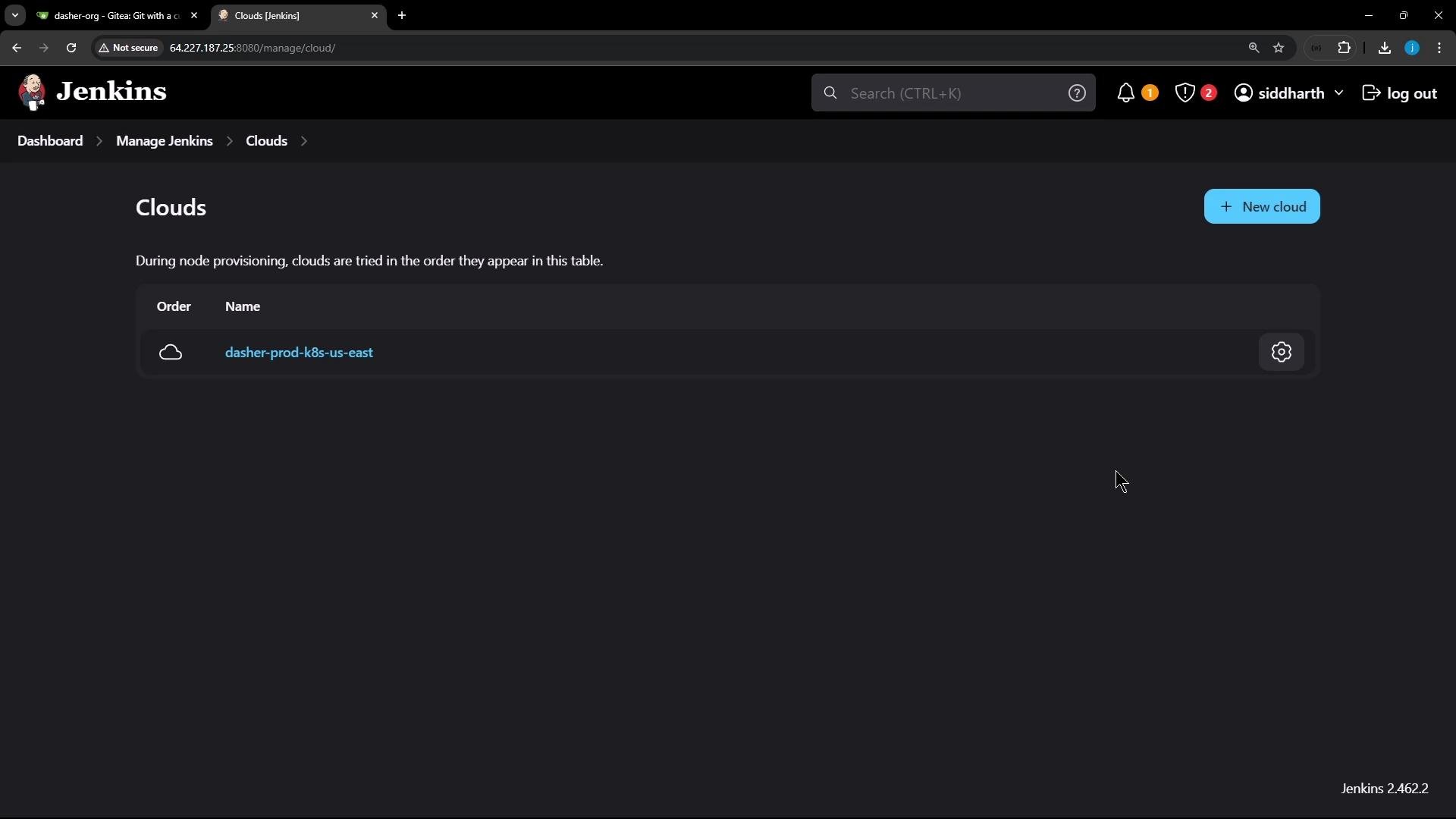 A screenshot of the Jenkins "Clouds" settings page showing one cloud entry named "dasher-prod-k8s-us-east" and a "New cloud" button in the top-right. The page uses a dark theme and shows navigation/header elements for Jenkins.