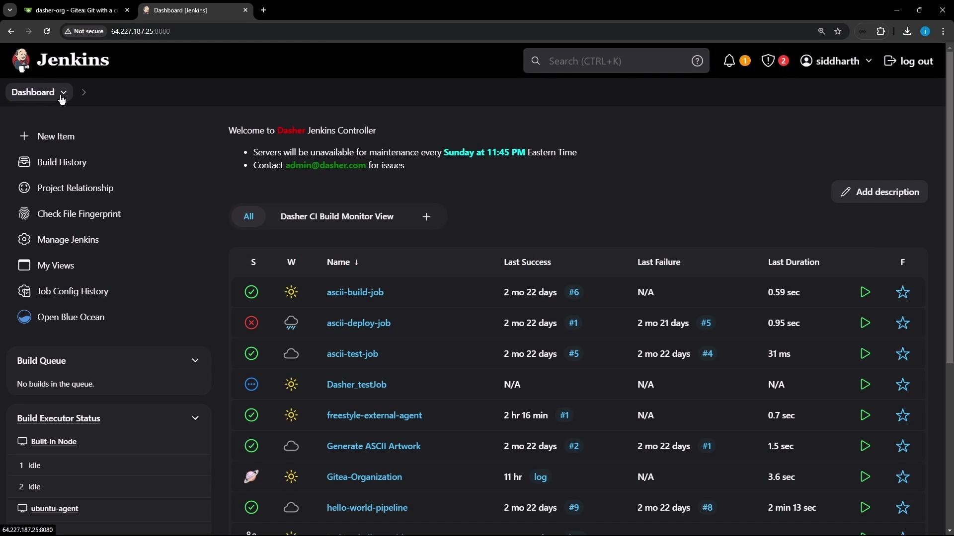 A dark-themed Jenkins web dashboard showing a table of CI jobs with status icons, last success/failure times, and durations. The left sidebar contains navigation links and the top bar shows a search field and user account controls.