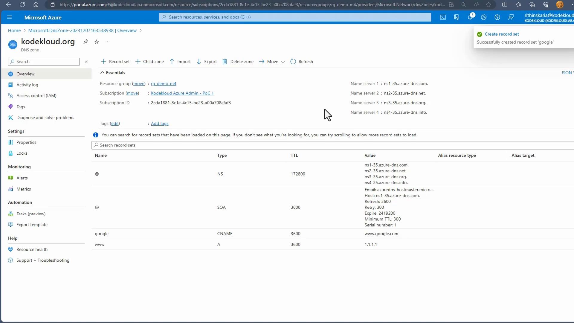 A screenshot of the Microsoft Azure portal showing the DNS zone for "kodekloud.org" with essentials and record sets. Visible records include NS and SOA entries plus a CNAME for "google" and an A record for "www" (1.1.1.1).