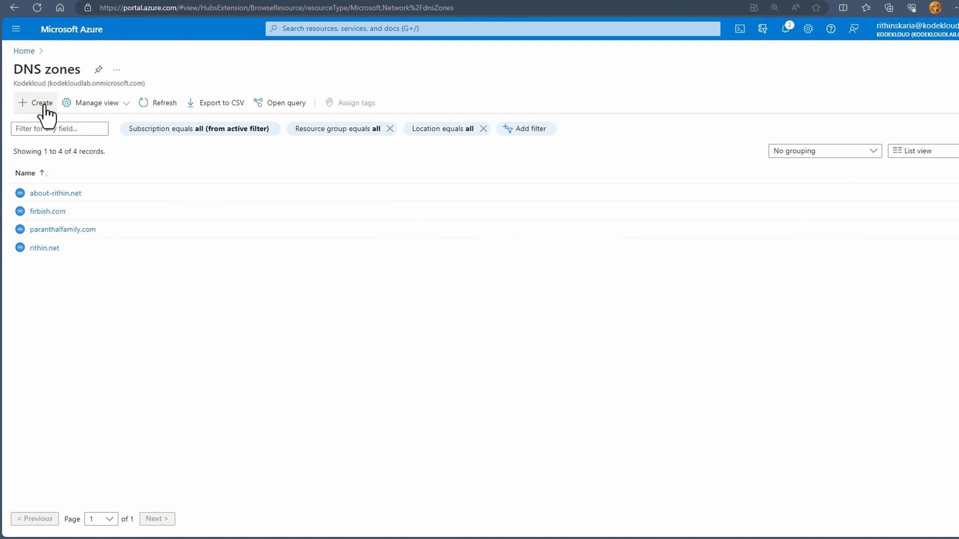 A screenshot of the Microsoft Azure portal showing the "DNS zones" page. It lists four DNS zone entries and shows controls like a "Create" button, filters, and export/refresh options.
