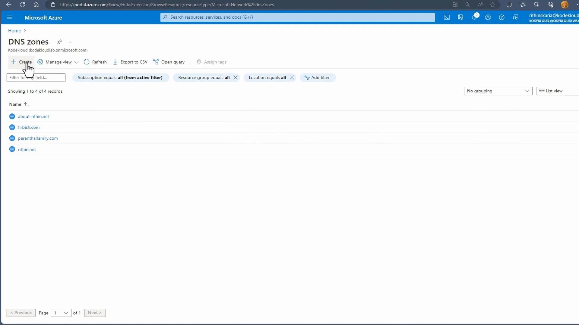 A screenshot of the Microsoft Azure portal showing the "DNS zones" page. It lists four DNS zone entries and shows controls like a "Create" button, filters, and export/refresh options.