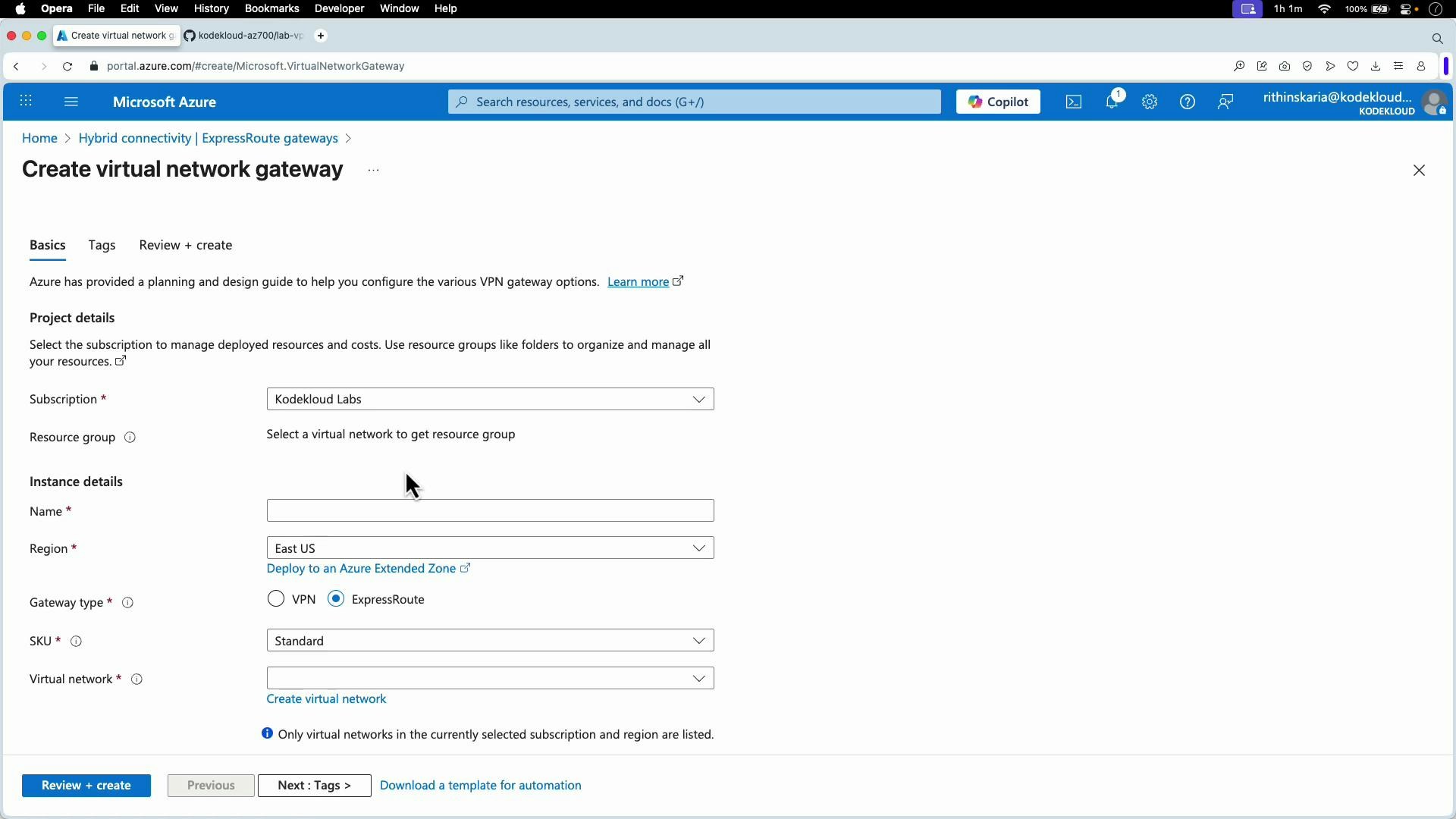 A screenshot of the Microsoft Azure portal showing the "Create virtual network gateway" form, with fields for subscription, resource group, instance name, region, gateway type (VPN/ExpressRoute), SKU, and virtual network. The page includes navigation tabs (Basics, Tags, Review + create) and action buttons like "Review + create."