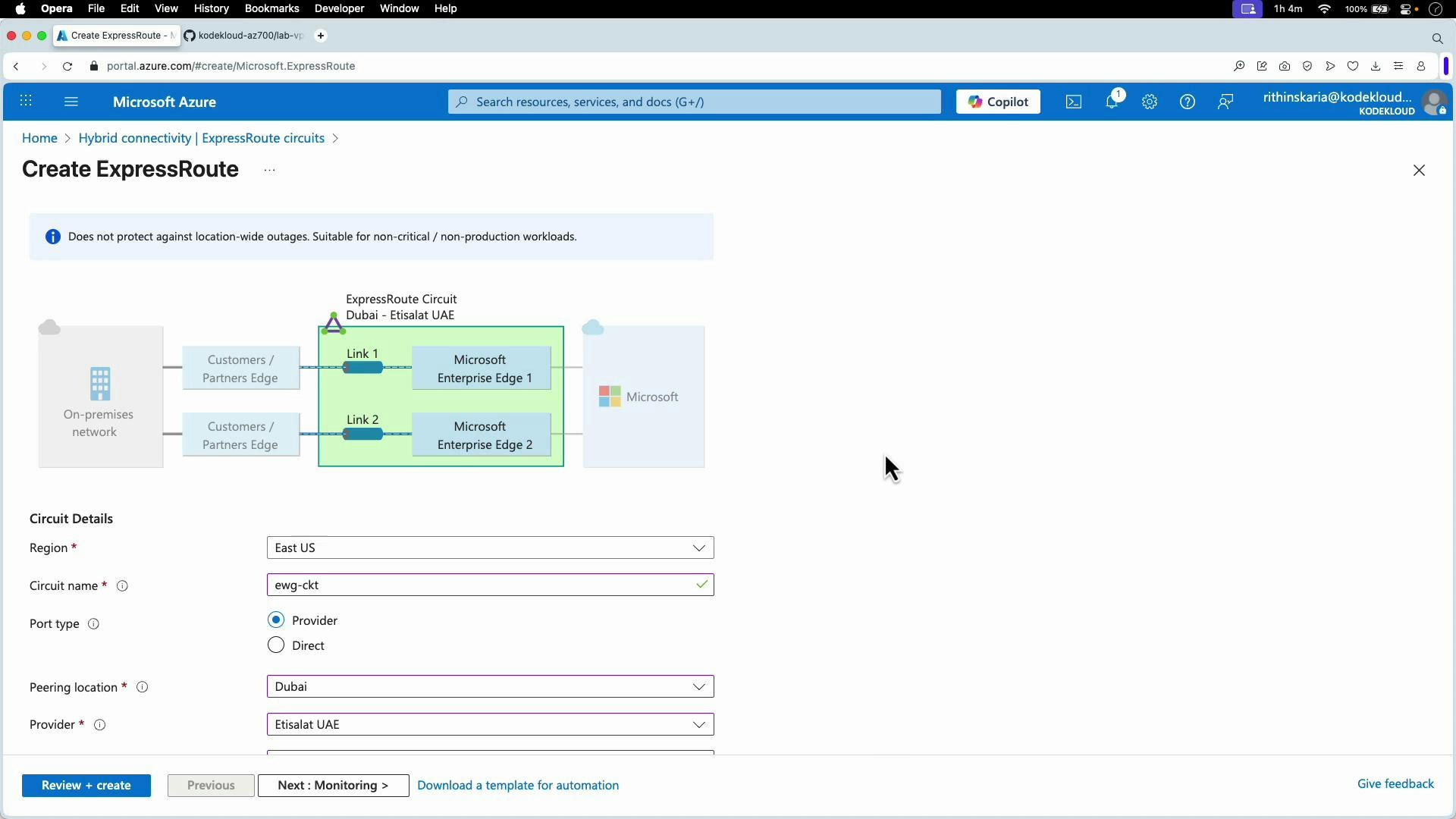A screenshot of the Microsoft Azure portal showing the "Create ExpressRoute" page with a network diagram of an ExpressRoute circuit. The form below includes fields populated with Region: East US, Circuit name: ewg-ckt, Peering location: Dubai and Provider: Etisalat UAE.