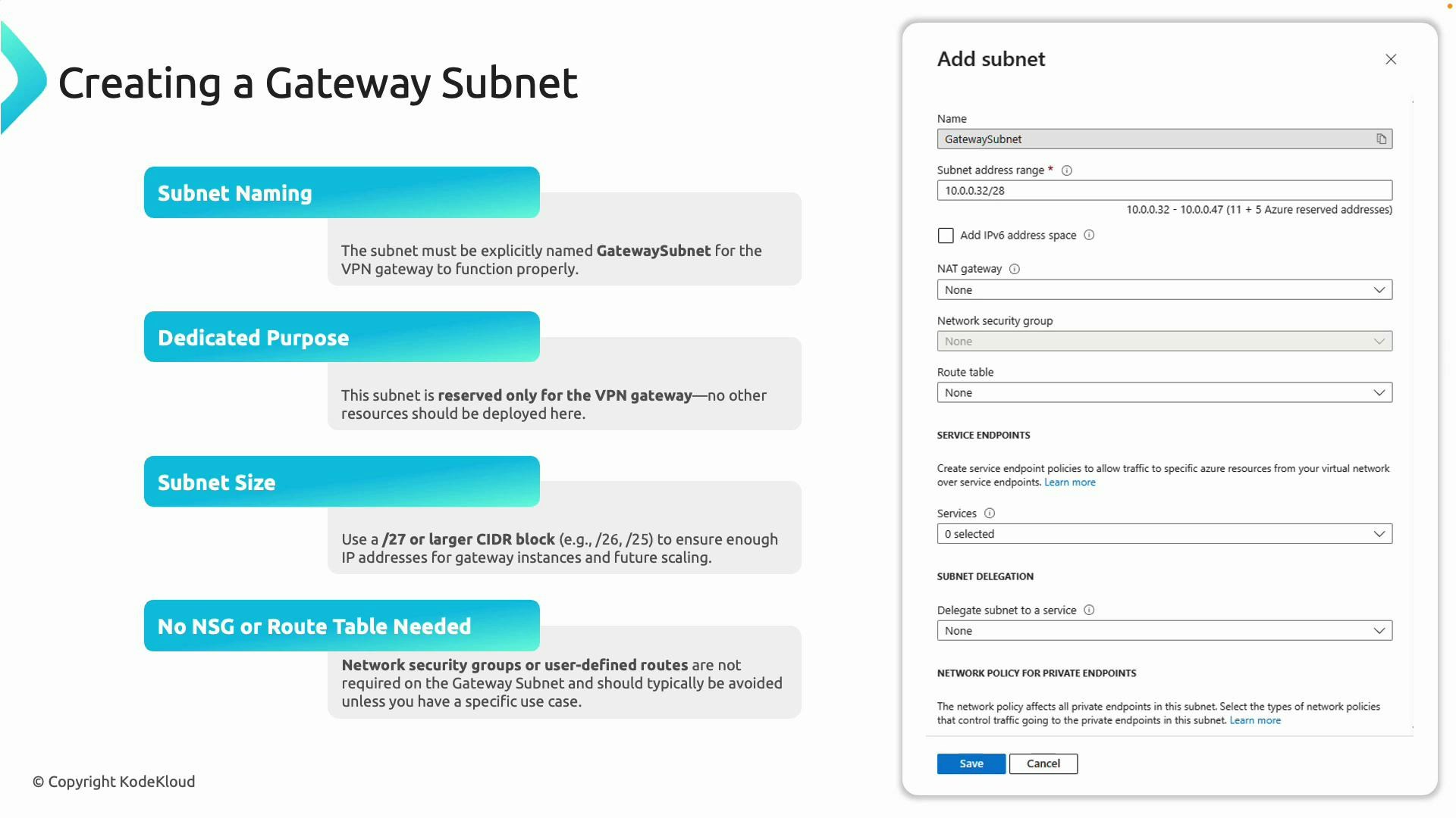 The image is a slide titled "Creating a Gateway Subnet" that lists guidelines (Subnet Naming, Dedicated Purpose, Subnet Size, and No NSG or Route Table Needed) alongside an Azure portal "Add subnet" configuration pane. It highlights that the subnet must be explicitly named "GatewaySubnet," reserved for a VPN gateway, and use a /27 or larger CIDR block.
