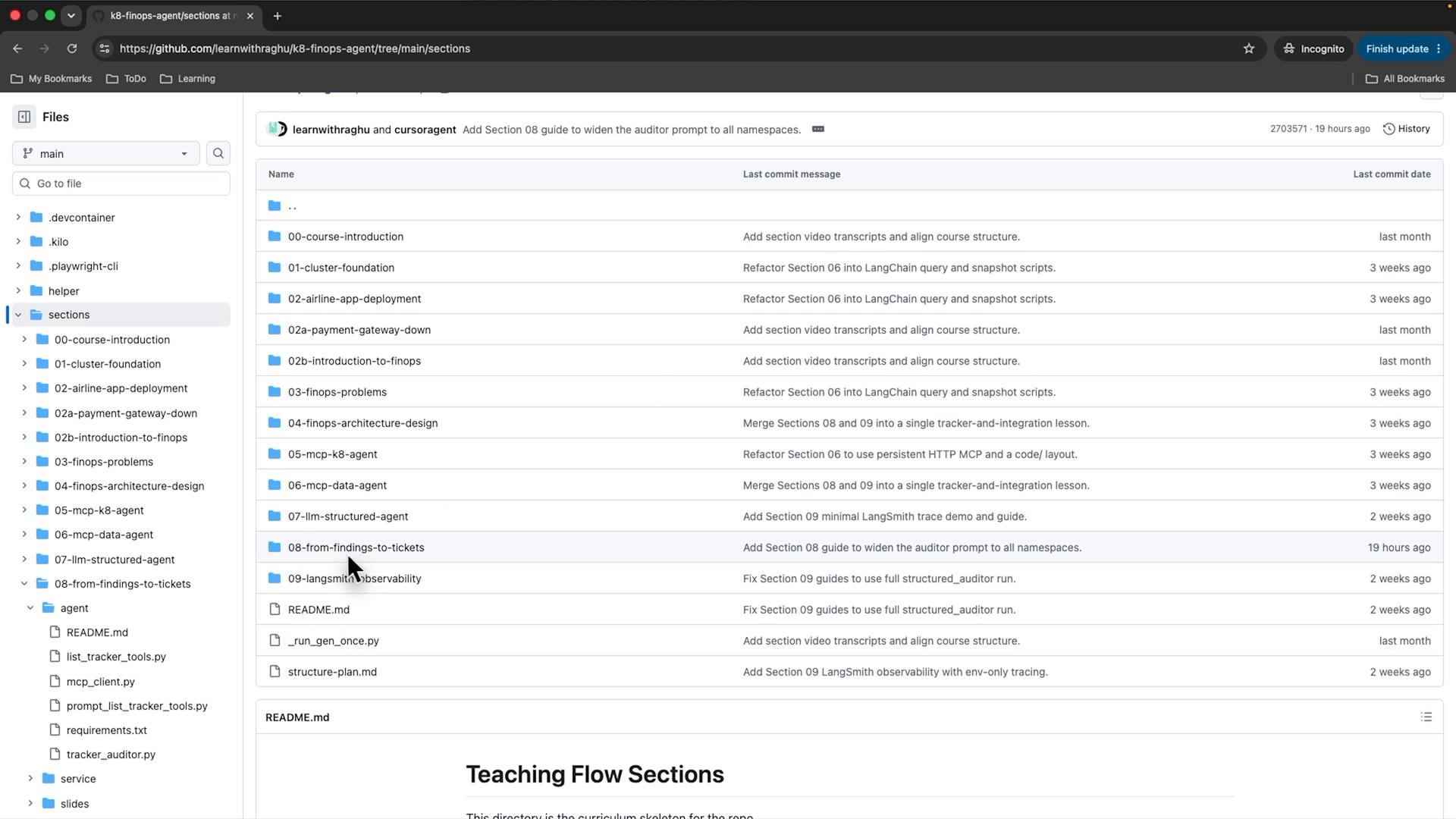 A screenshot of a GitHub repository page showing the "sections" folder and a list of subfolders (00-course-introduction, 01-cluster-foundation, 02-airline-app-deployment, etc.) with last commit messages and dates. The browser window and repository file tree are visible on the left.